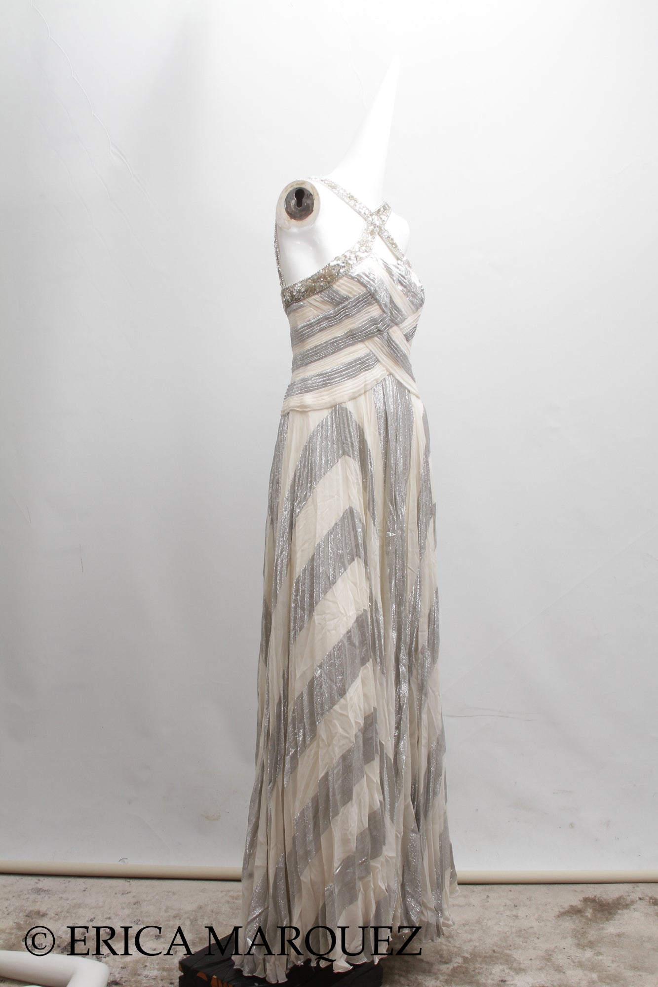 MURAD ZUHAIR, Silver and White Silk Floor Length Evening Gown with Braided Bodice and Neck Cross-Straps