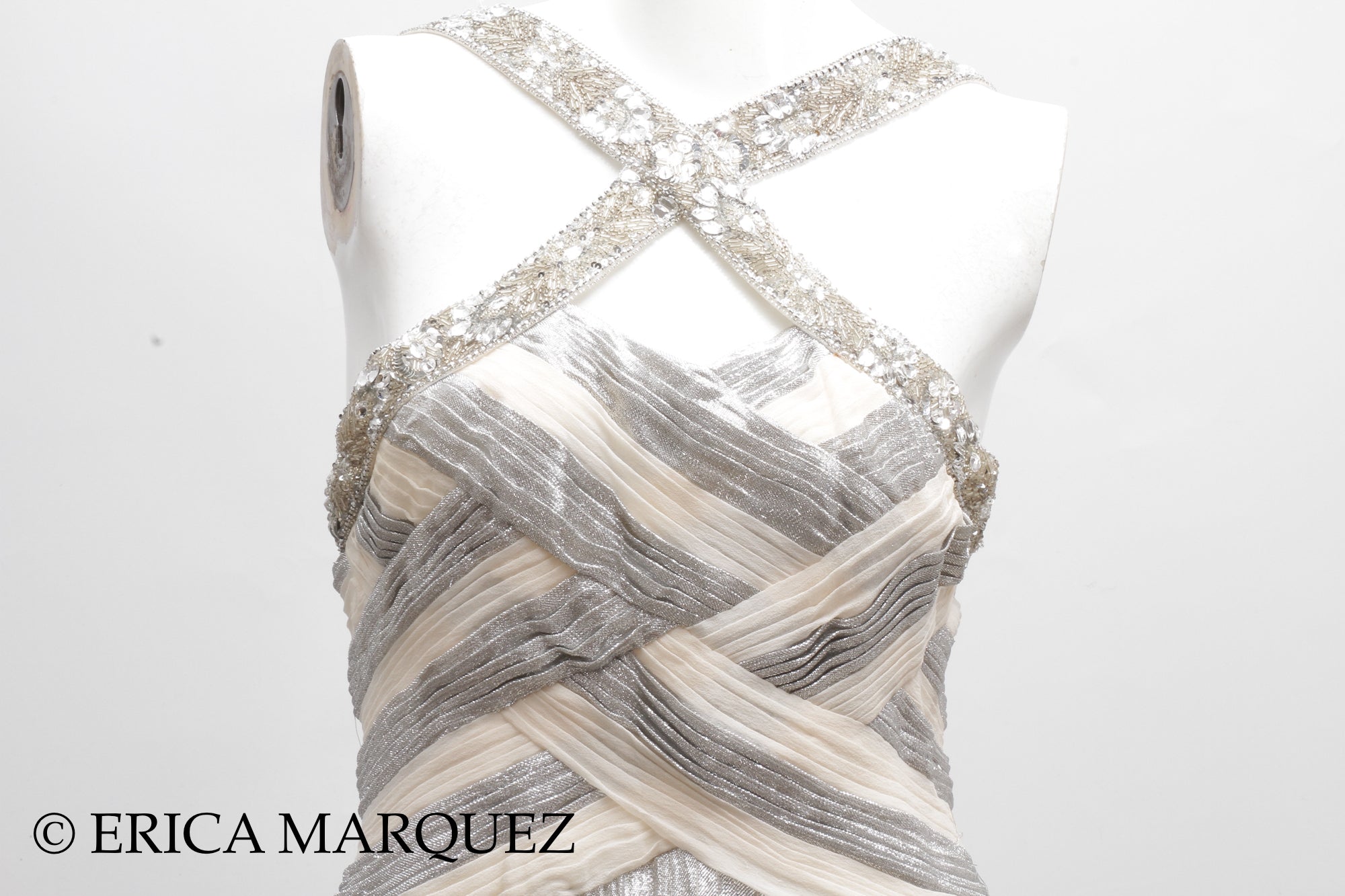 MURAD ZUHAIR, Silver and White Silk Floor Length Evening Gown with Braided Bodice and Neck Cross-Straps