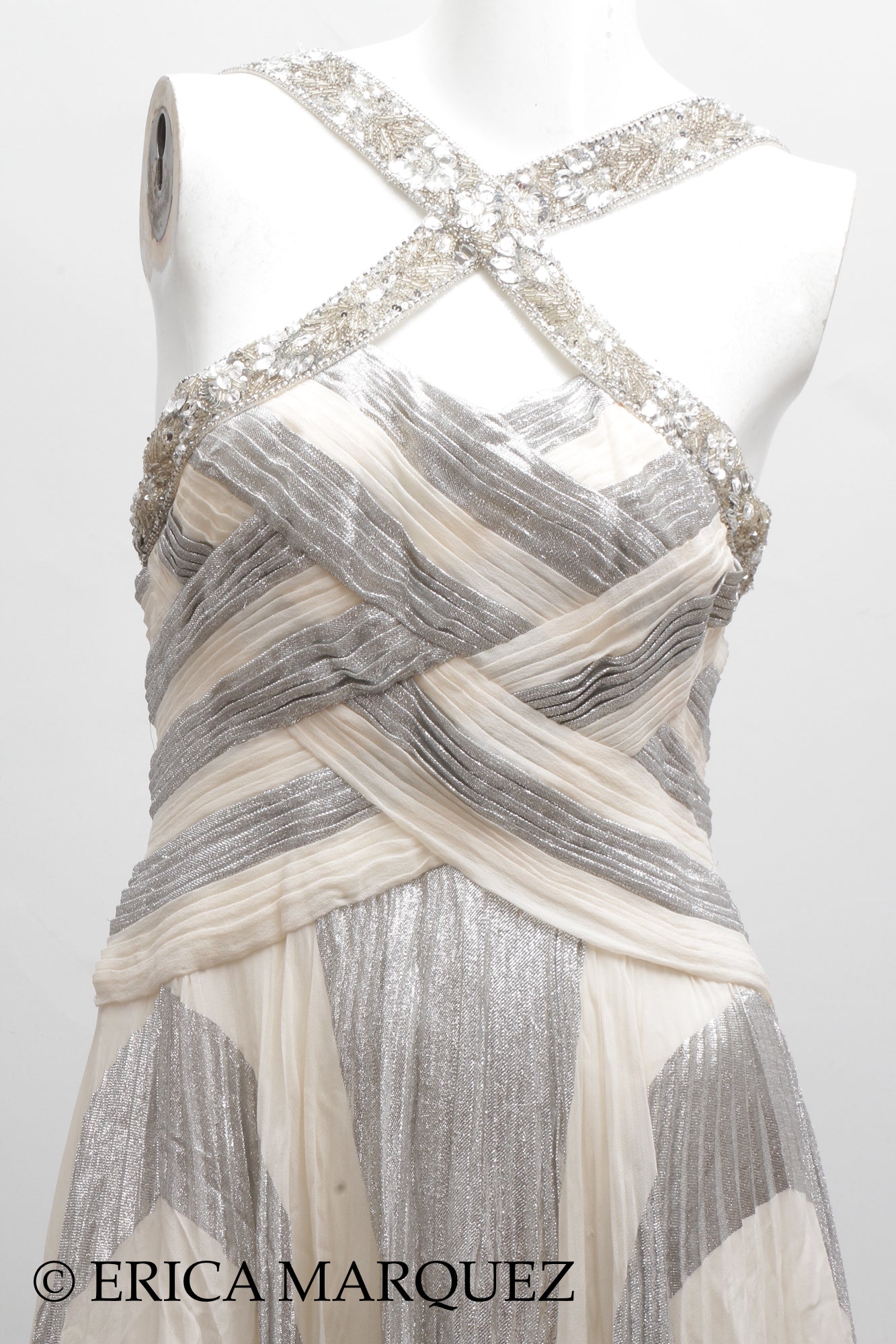 MURAD ZUHAIR, Silver and White Silk Floor Length Evening Gown with Braided Bodice and Neck Cross-Straps