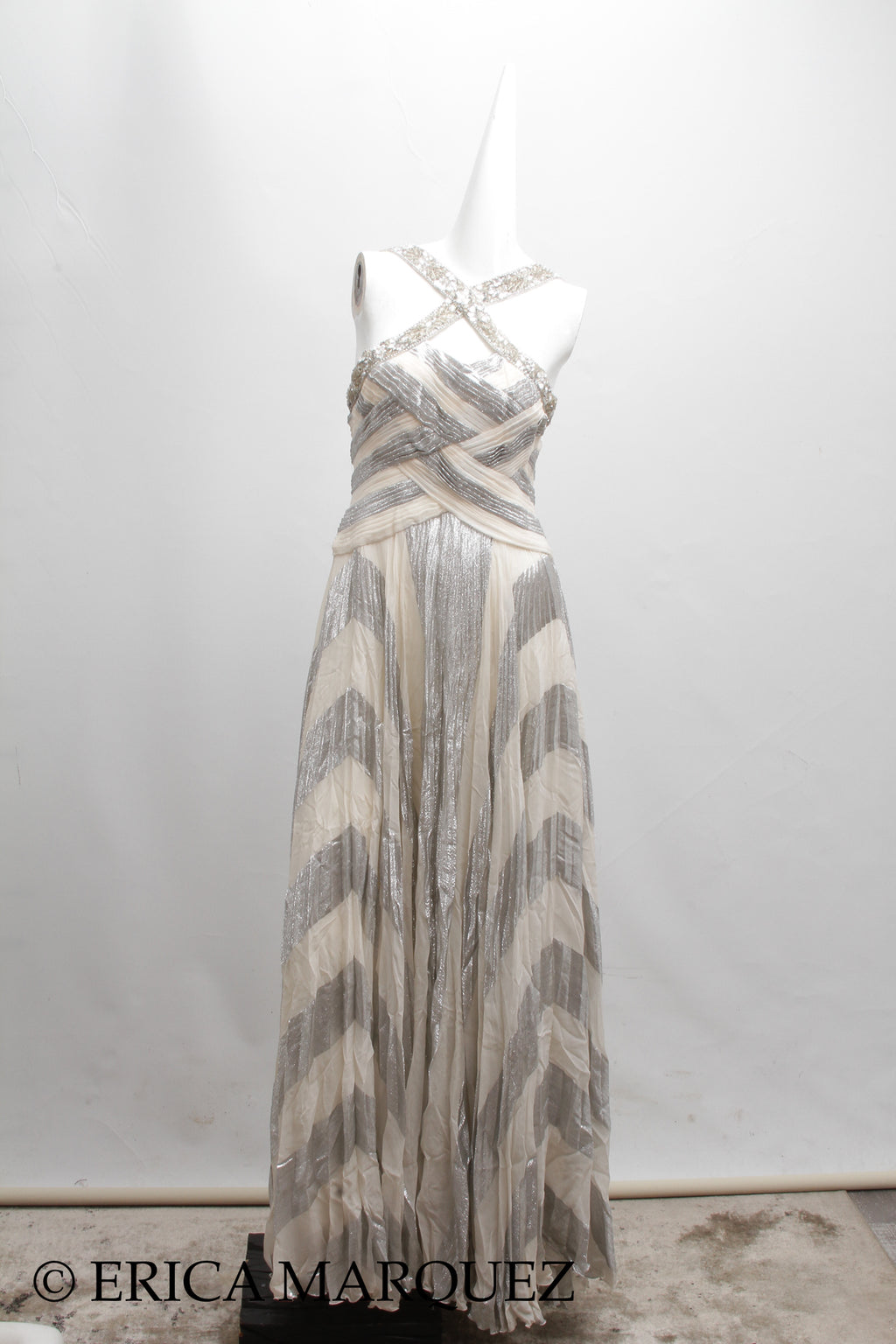 MURAD ZUHAIR, Silver and White Silk Floor Length Evening Gown with Braided Bodice and Neck Cross-Straps