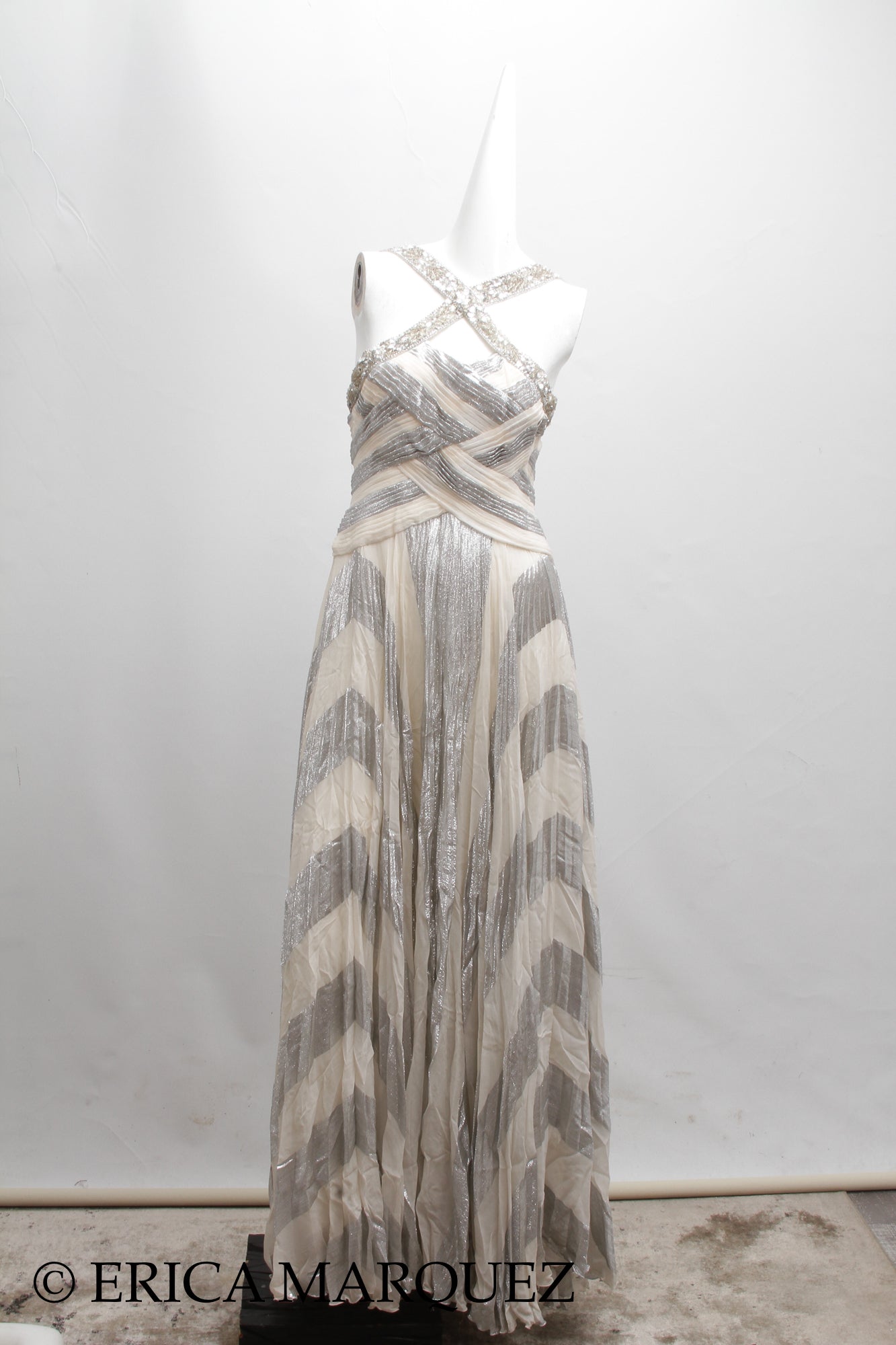 MURAD ZUHAIR, Silver and White Silk Floor Length Evening Gown with Braided Bodice and Neck Cross-Straps