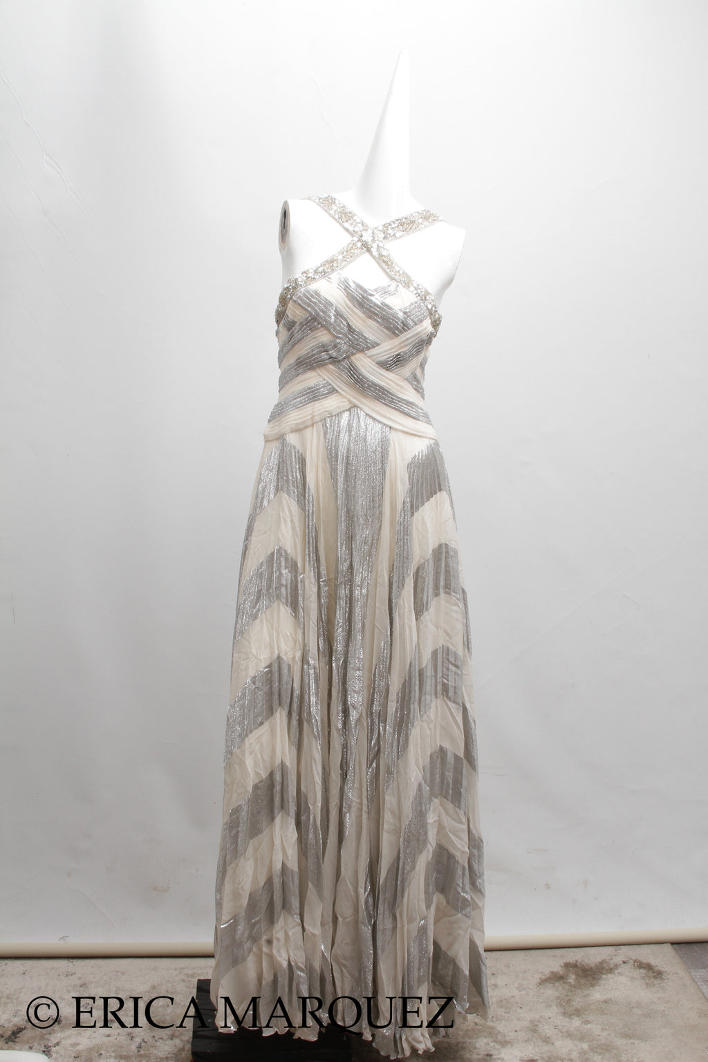 MURAD ZUHAIR, Silver and White Silk Floor Length Evening Gown with Braided Bodice and Neck Cross-Straps