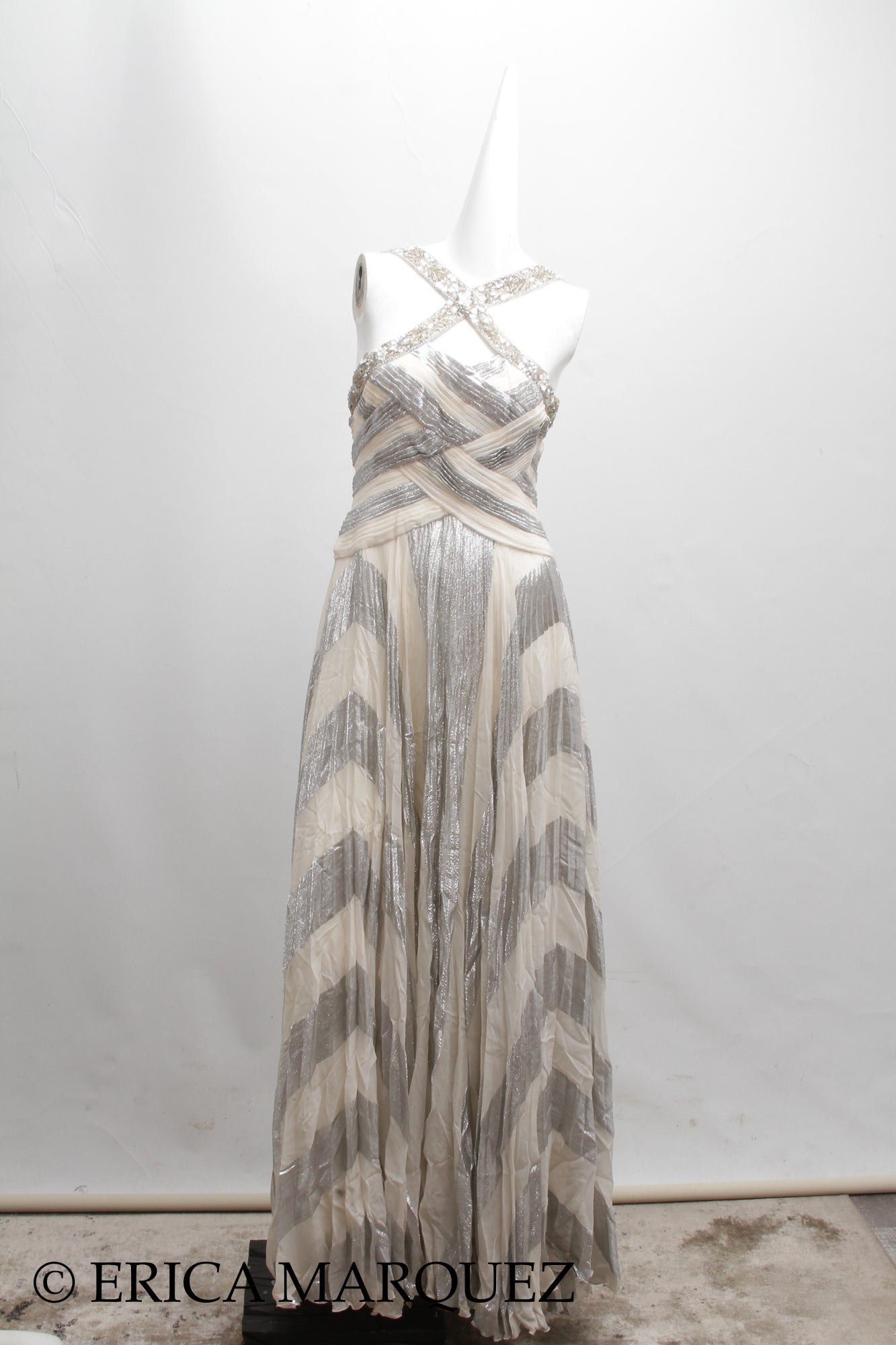 MURAD ZUHAIR, Silver and White Silk Floor Length Evening Gown with Braided Bodice and Neck Cross-Straps