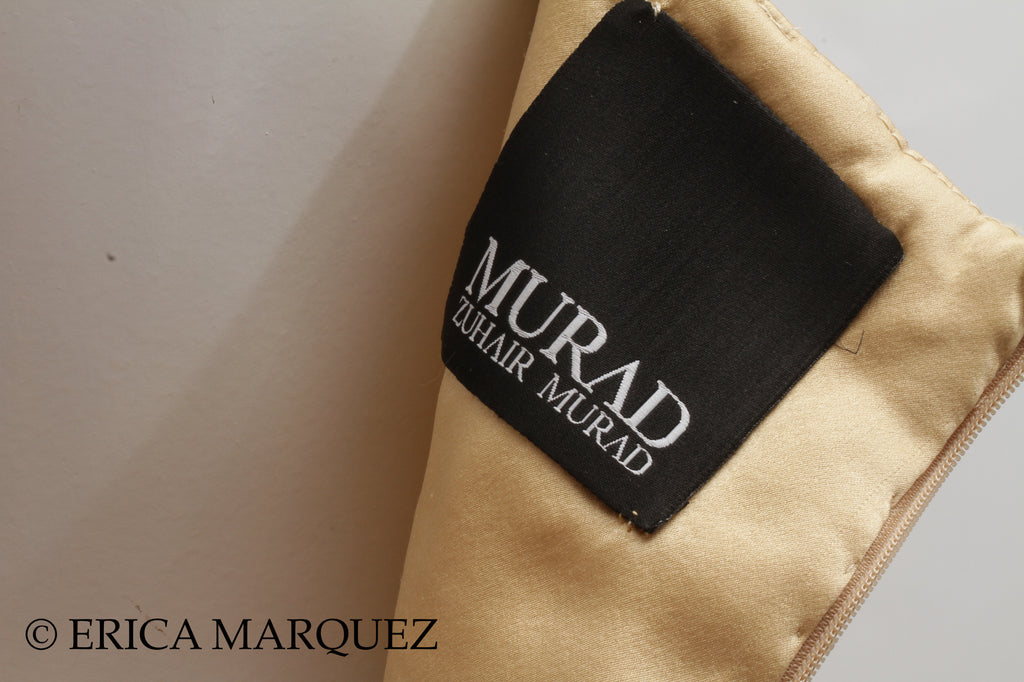 MURAD ZUHAIR, Metallic Gold Silk Floor Length Rhinestone Embellished Gown with Rhinestone Straps and Fitted Bodice