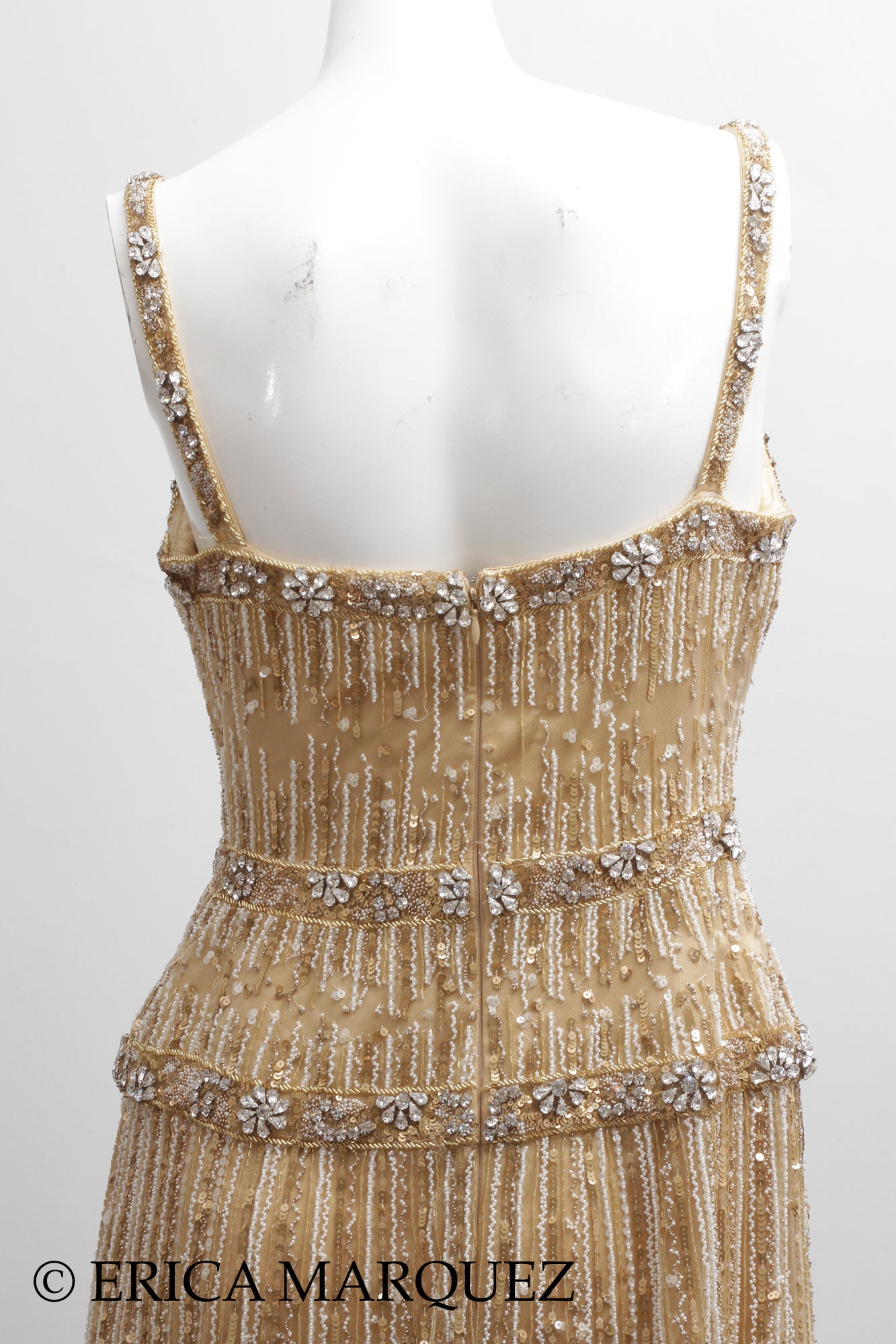 MURAD ZUHAIR, Metallic Gold Silk Floor Length Rhinestone Embellished Gown with Rhinestone Straps and Fitted Bodice