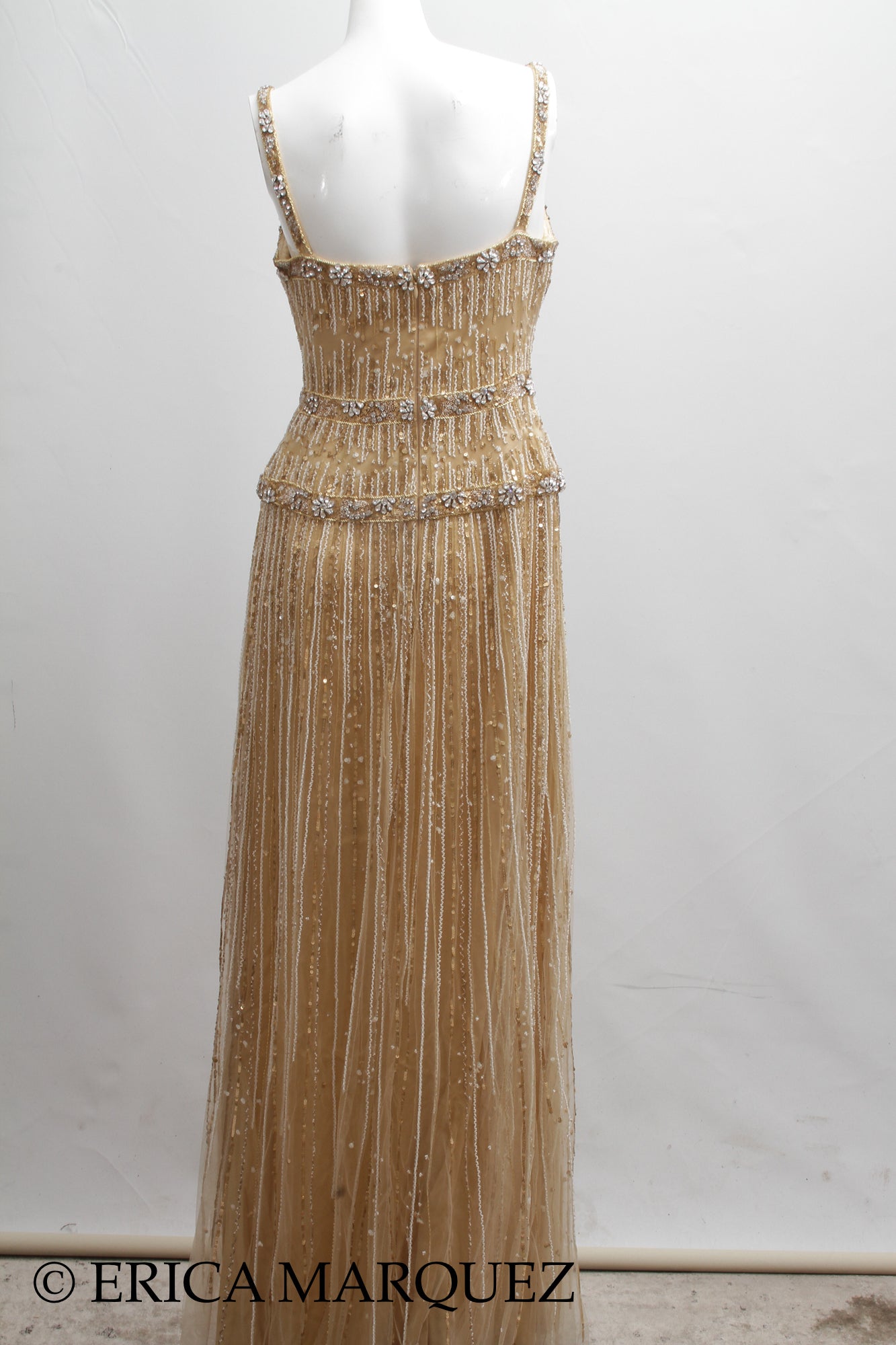 MURAD ZUHAIR, Metallic Gold Silk Floor Length Rhinestone Embellished Gown with Rhinestone Straps and Fitted Bodice