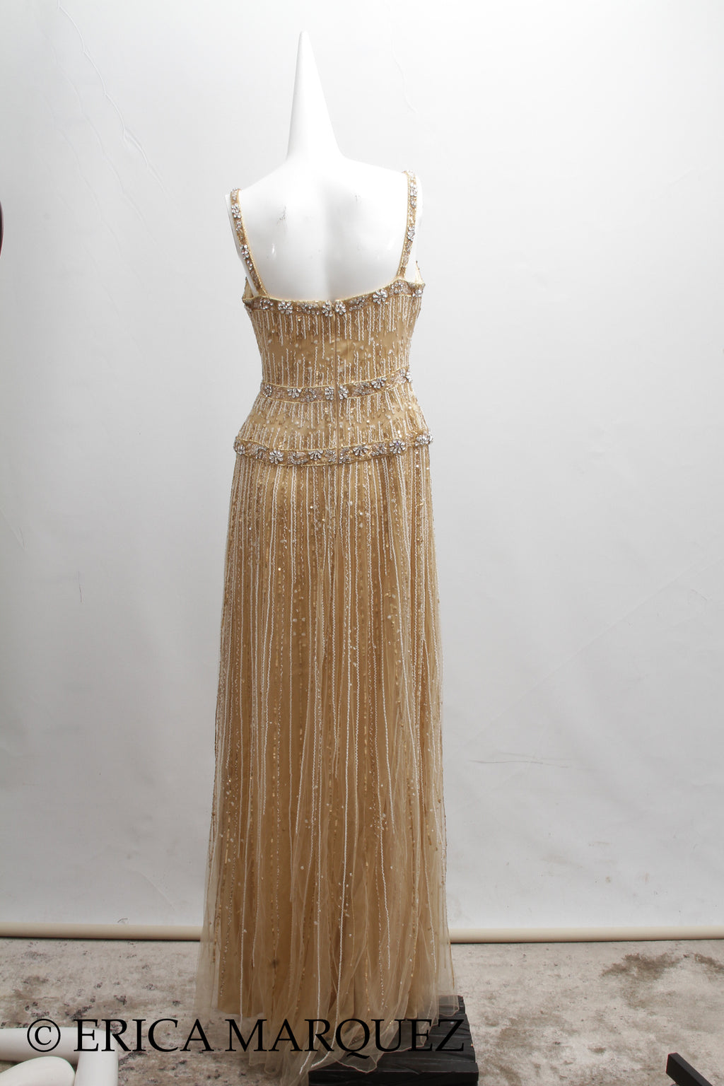 MURAD ZUHAIR, Metallic Gold Silk Floor Length Rhinestone Embellished Gown with Rhinestone Straps and Fitted Bodice