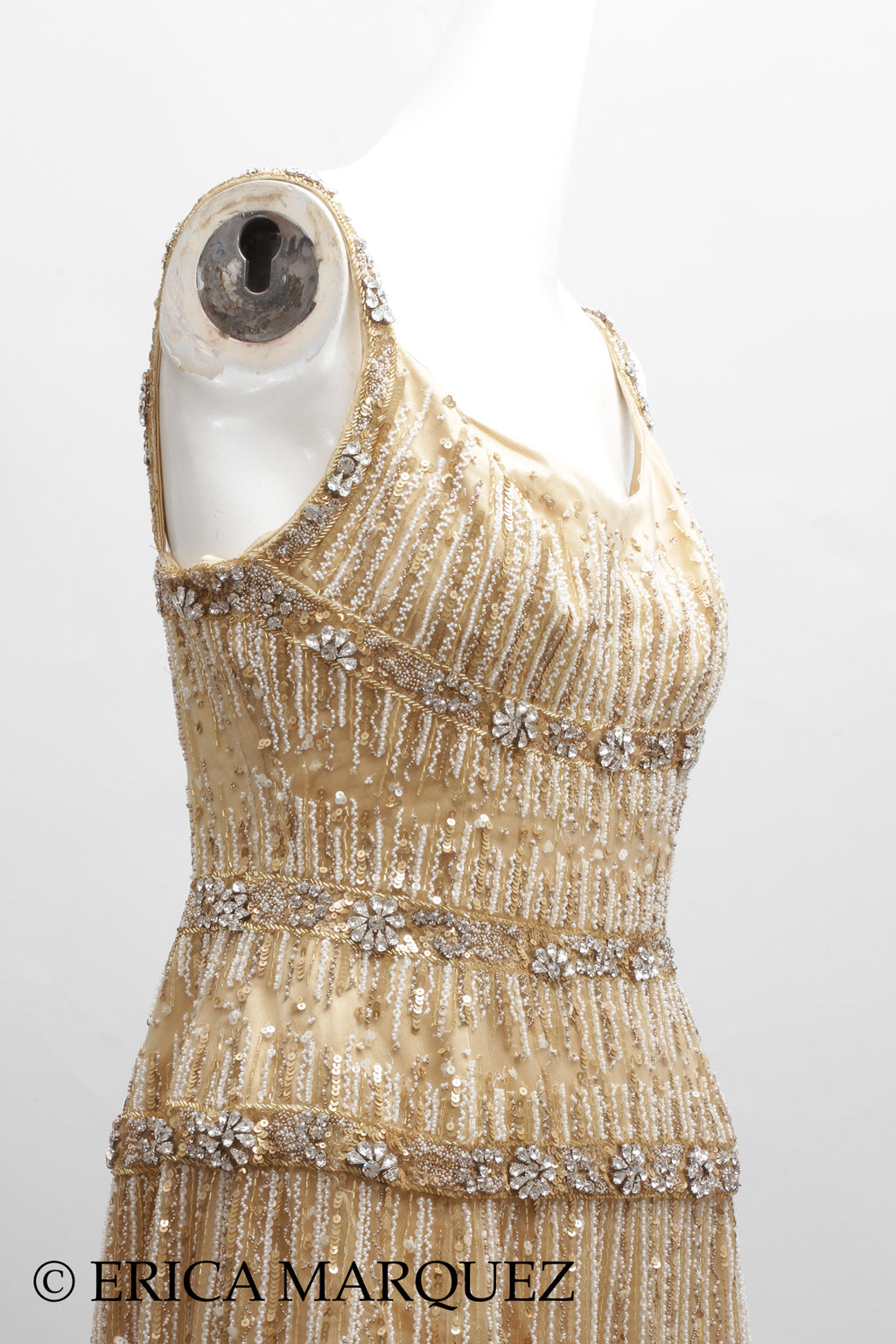 MURAD ZUHAIR, Metallic Gold Silk Floor Length Rhinestone Embellished Gown with Rhinestone Straps and Fitted Bodice