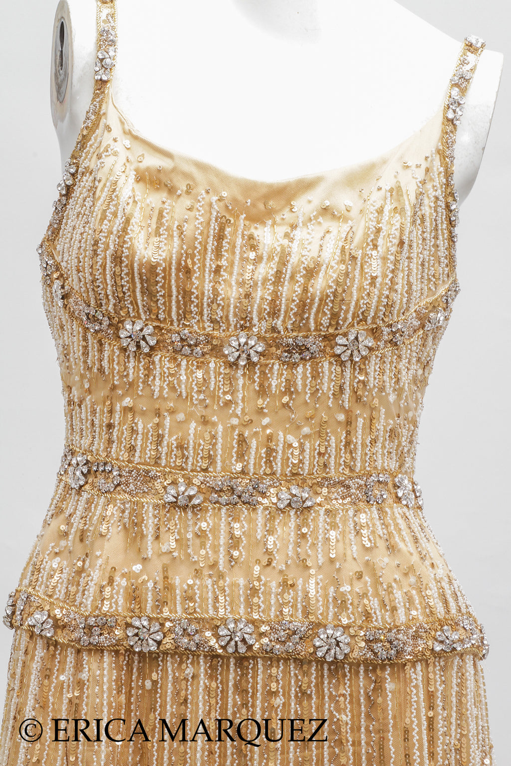 MURAD ZUHAIR, Metallic Gold Silk Floor Length Rhinestone Embellished Gown with Rhinestone Straps and Fitted Bodice