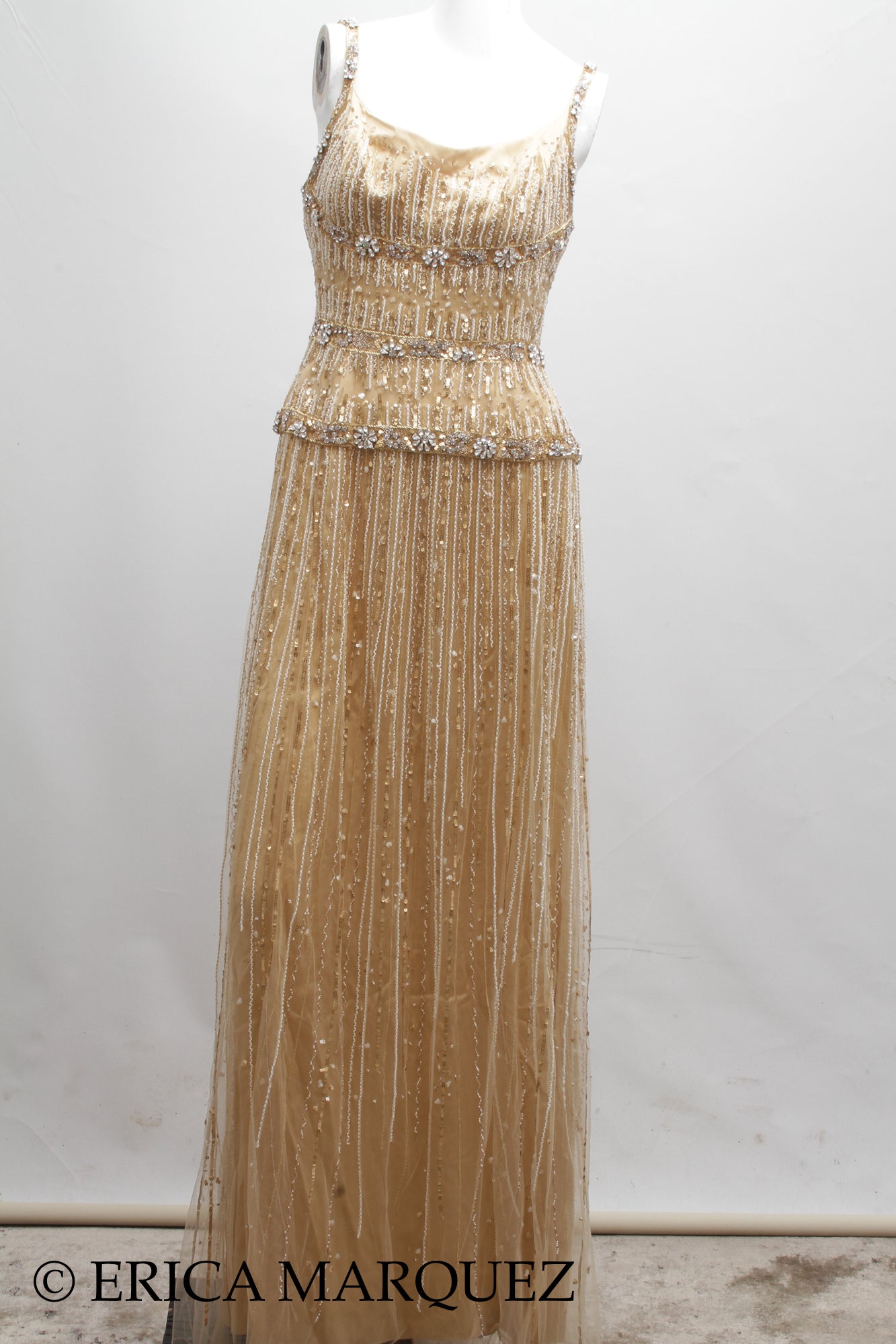 MURAD ZUHAIR, Metallic Gold Silk Floor Length Rhinestone Embellished Gown with Rhinestone Straps and Fitted Bodice