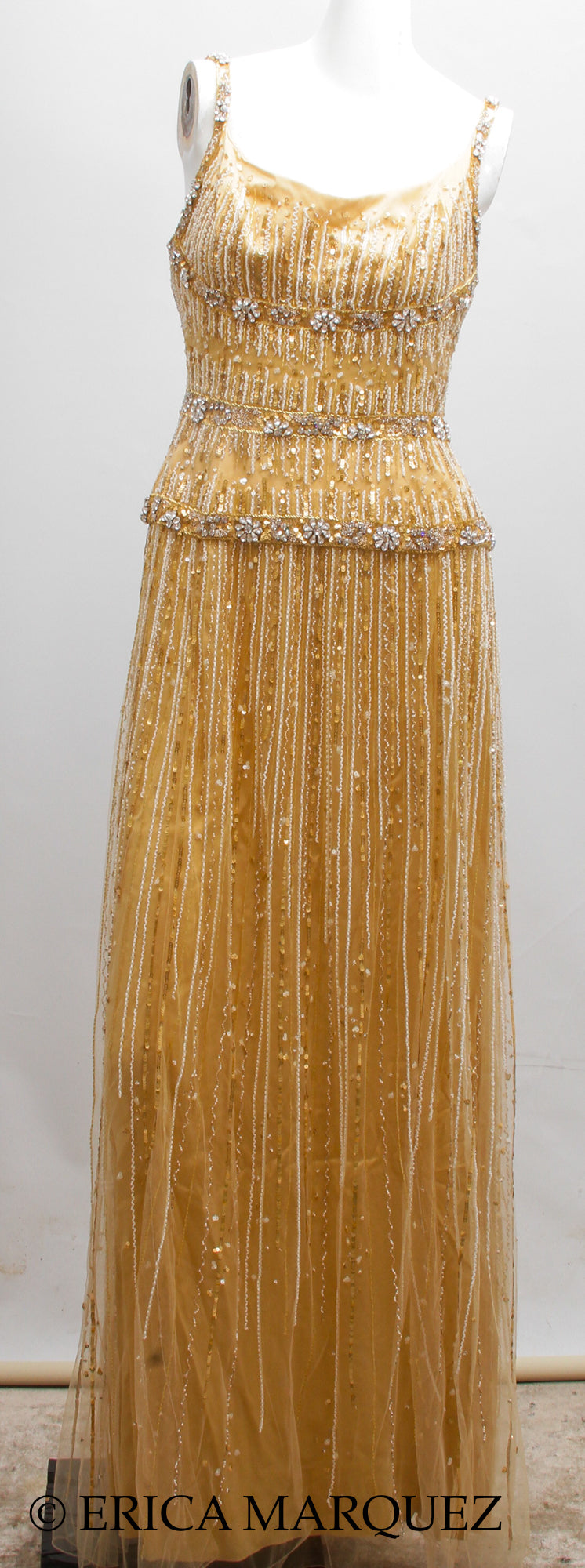 MURAD ZUHAIR, Metallic Gold Silk Floor Length Rhinestone Embellished Gown with Rhinestone Straps and Fitted Bodice