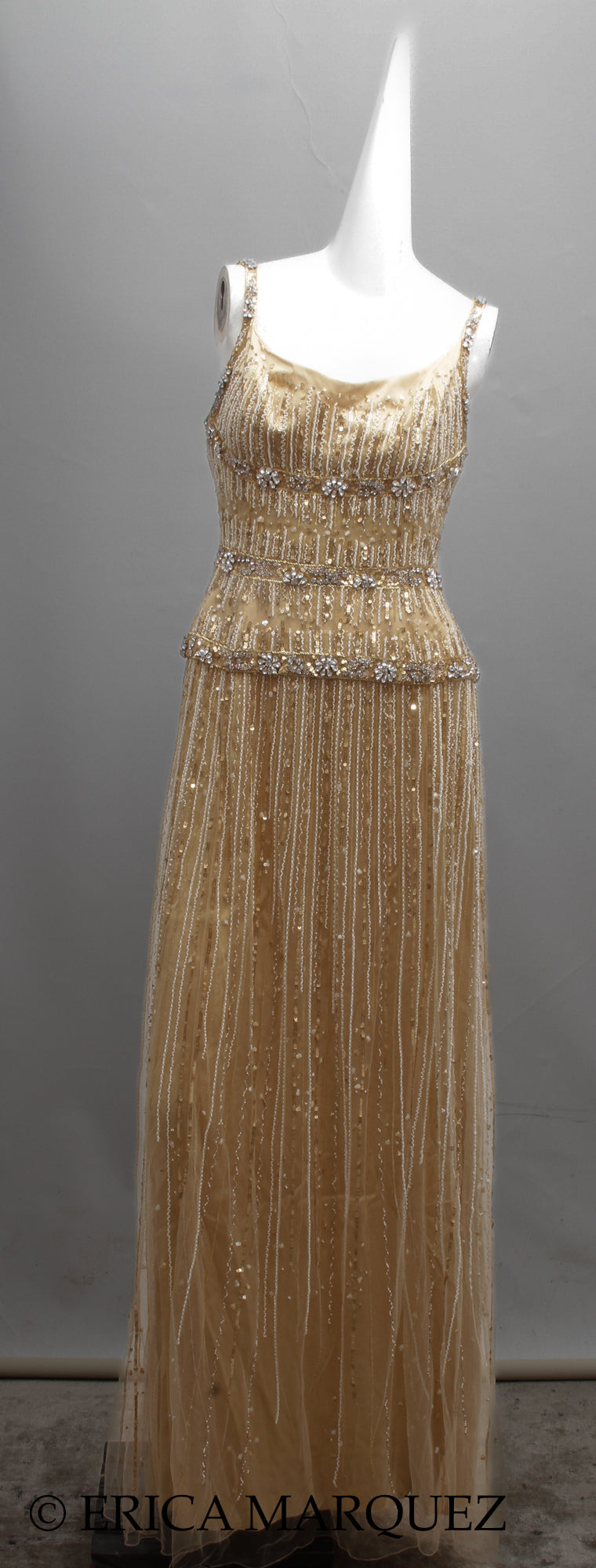 MURAD ZUHAIR, Metallic Gold Silk Floor Length Rhinestone Embellished Gown with Rhinestone Straps and Fitted Bodice
