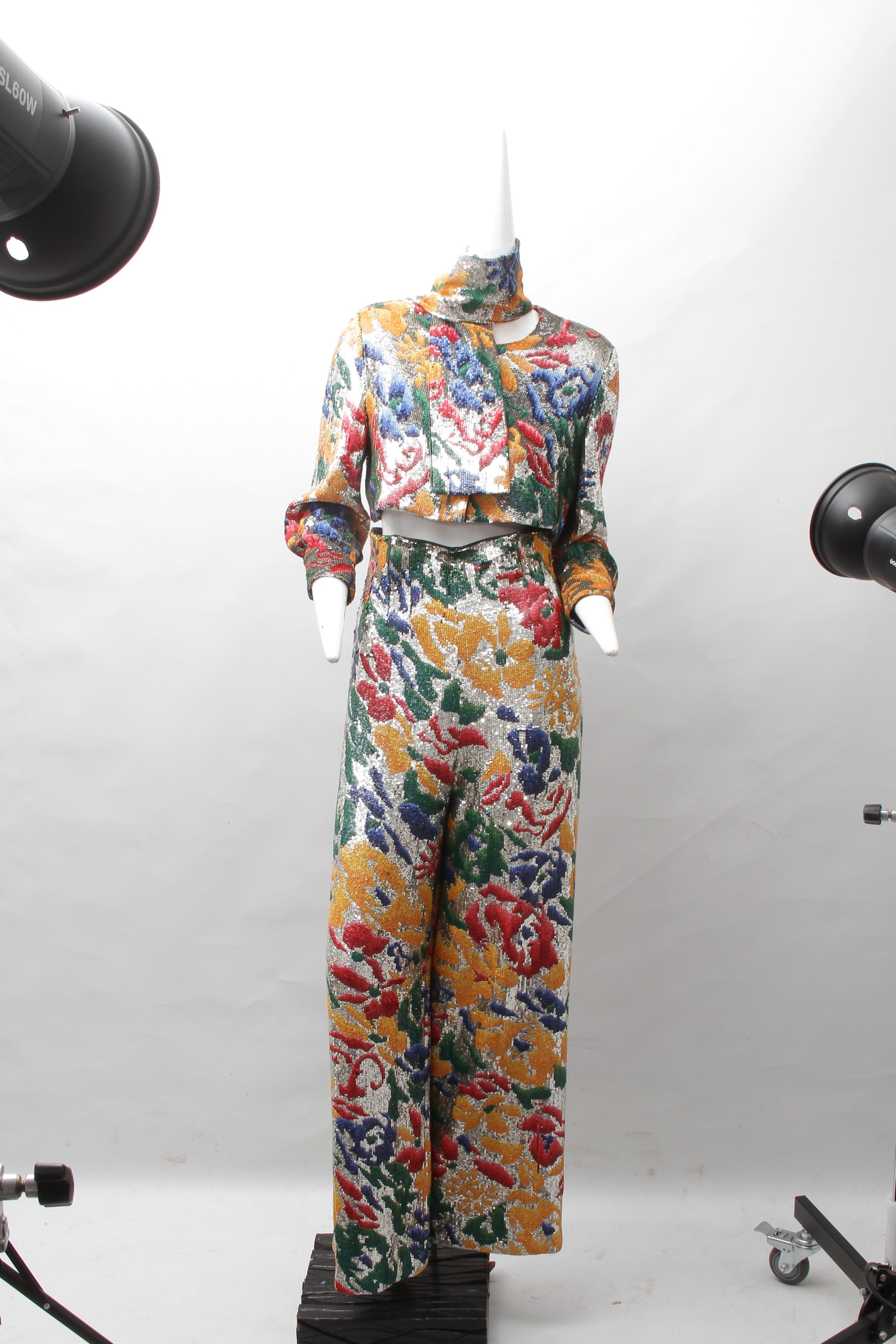 SCHIAPARELLI, embroidered sequin suit with a surrealist floral print, S/S 2022