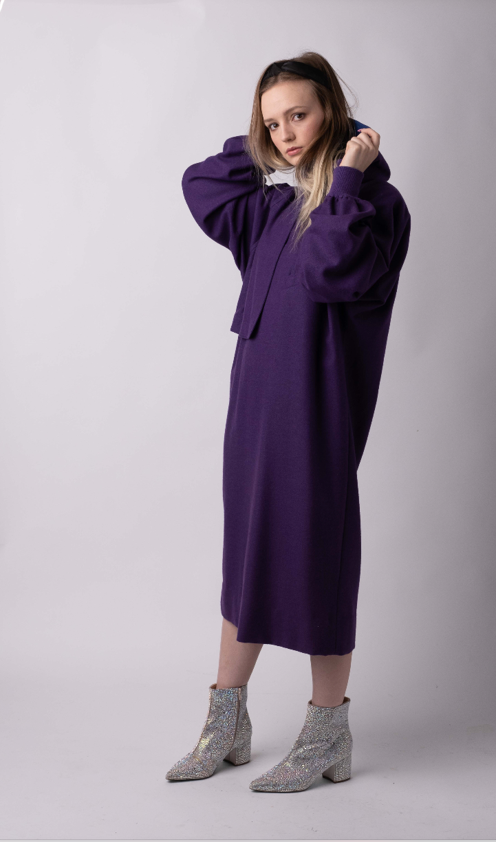 Gucci Purple Vintage Dress with Side Buttons and Convertible Button Drape Convertible Collar