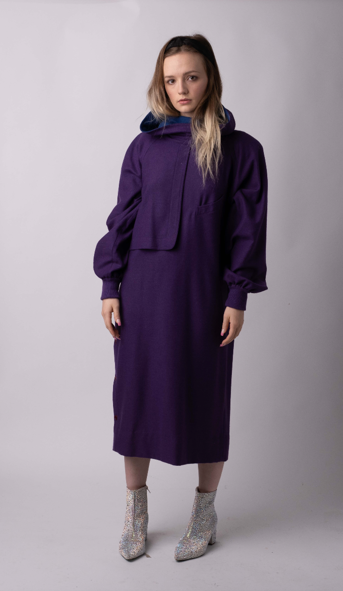 Gucci Purple Vintage Dress with Side Buttons and Convertible Button Drape Convertible Collar