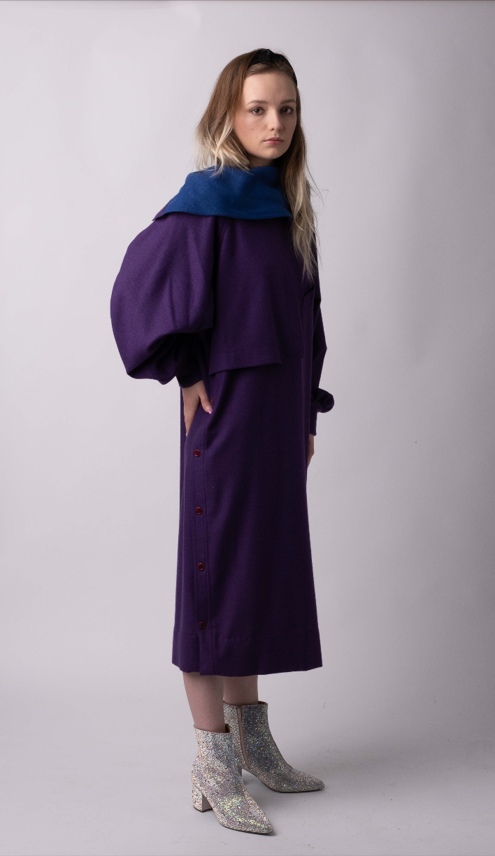 Gucci Purple Vintage Dress with Side Buttons and Convertible Button Drape Convertible Collar