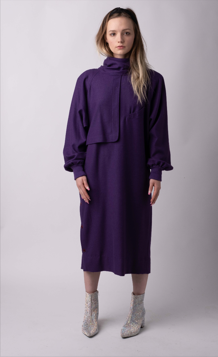 Gucci Purple Vintage Dress with Side Buttons and Convertible Button Drape Convertible Collar