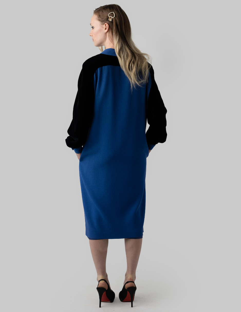 VALENTINO MISS V Blue Wool and Black Velvet Midi Dress