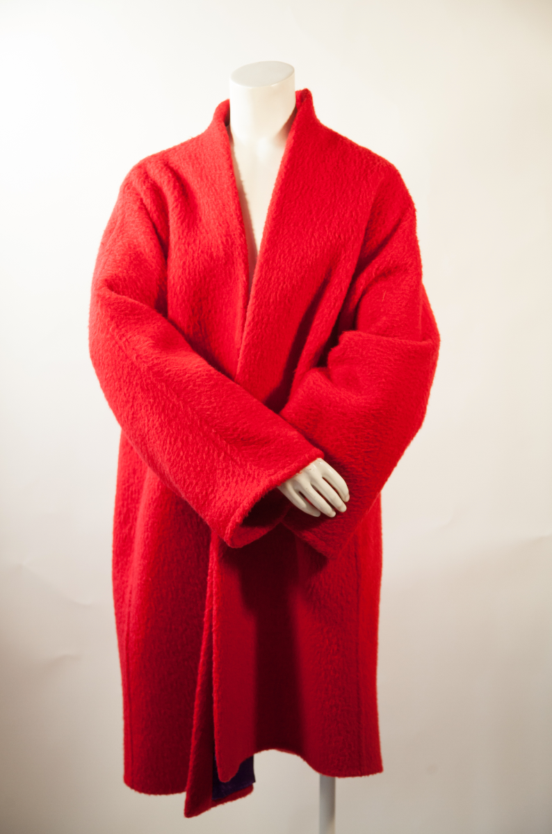 GIANFRANCO FERRE, Crimson Wool and Alpaca, Oversized Cocoon Coat with Purple Silk Lining, c. 1978