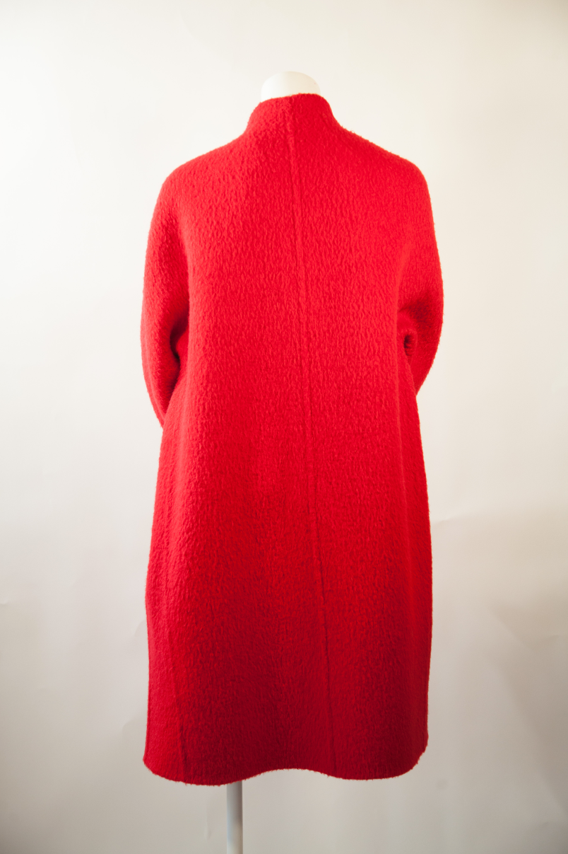GIANFRANCO FERRE, Crimson Wool and Alpaca, Oversized Cocoon Coat with Purple Silk Lining, c. 1978