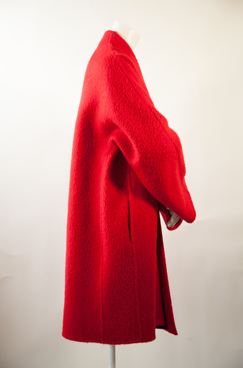 GIANFRANCO FERRE, Crimson Wool and Alpaca, Oversized Cocoon Coat with Purple Silk Lining, c. 1978