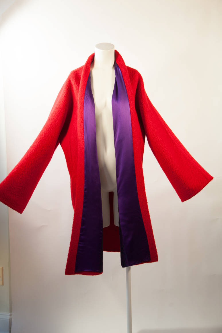GIANFRANCO FERRE, Crimson Wool and Alpaca, Oversized Cocoon Coat with Purple Silk Lining, c. 1978