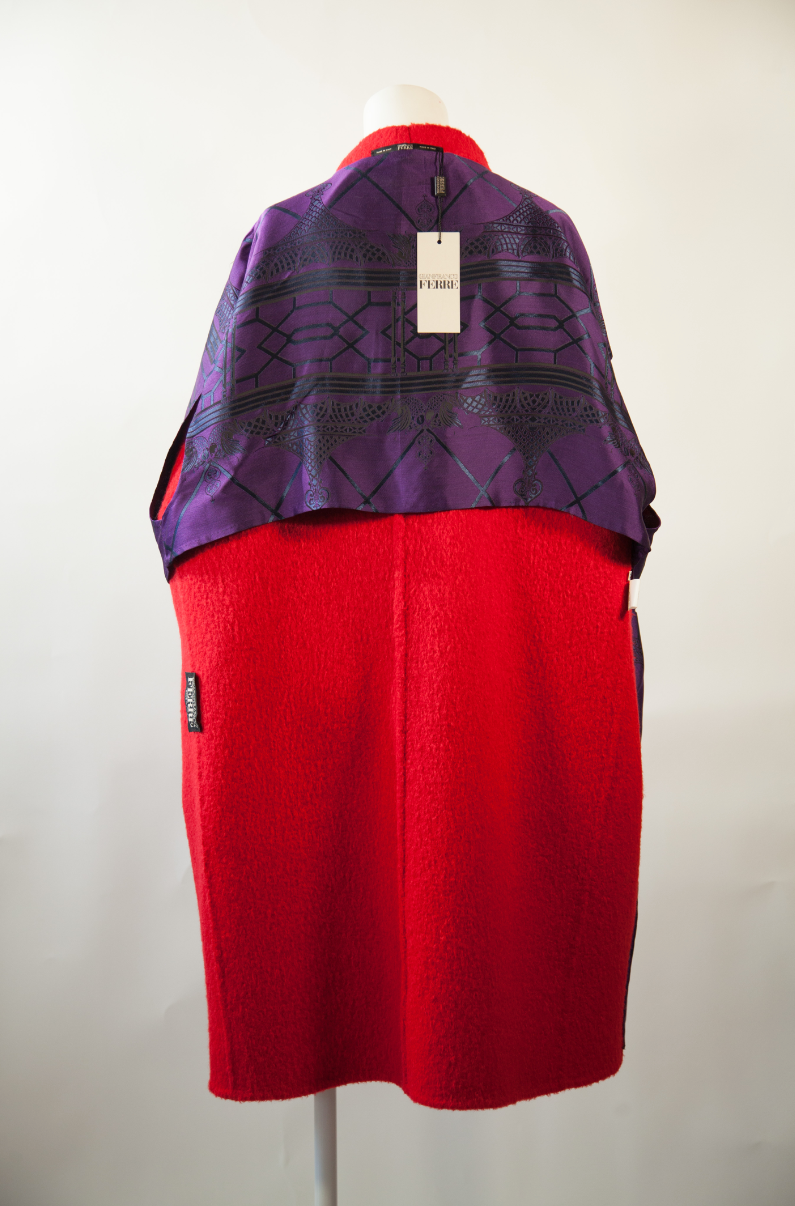 GIANFRANCO FERRE, Crimson Wool and Alpaca, Oversized Cocoon Coat with Purple Silk Lining, c. 1978