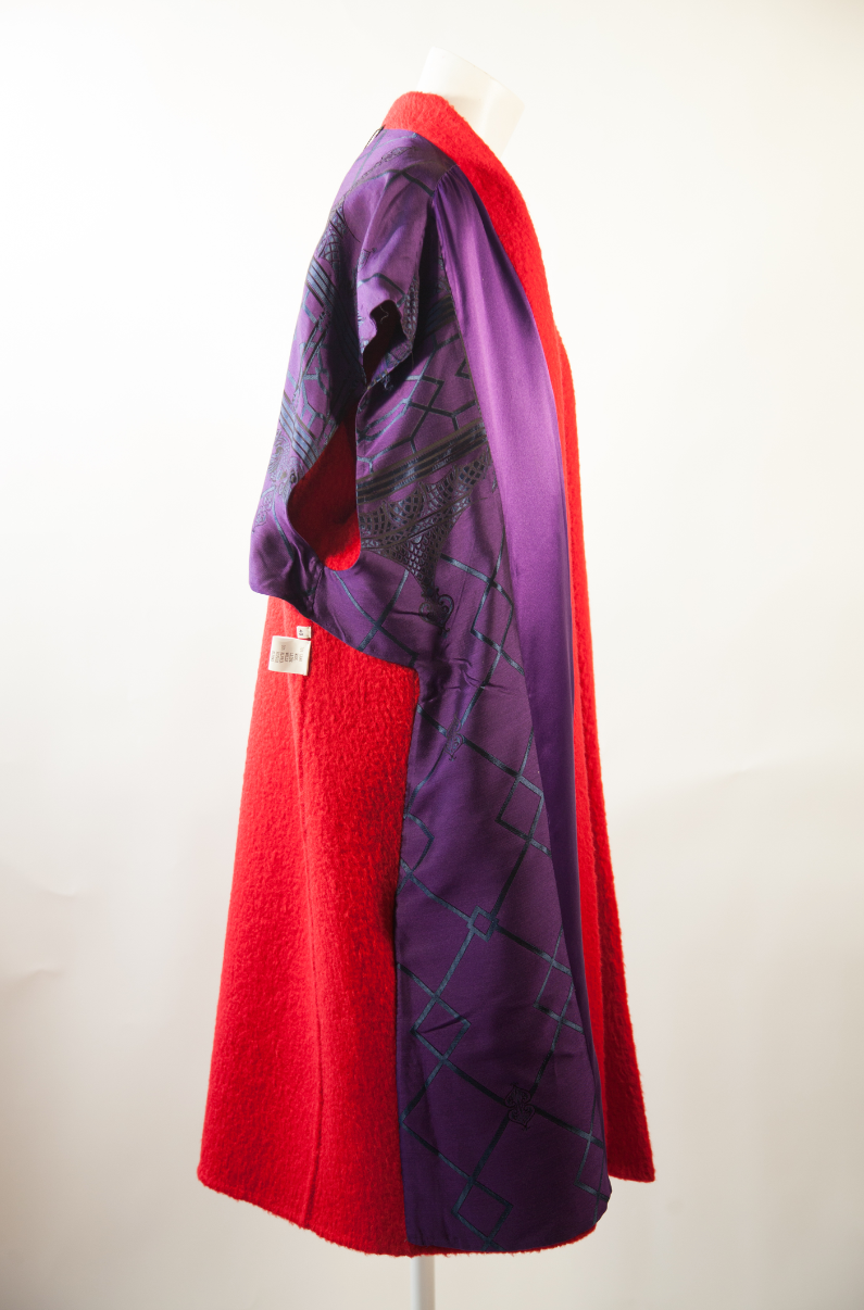 GIANFRANCO FERRE, Crimson Wool and Alpaca, Oversized Cocoon Coat with Purple Silk Lining, c. 1978
