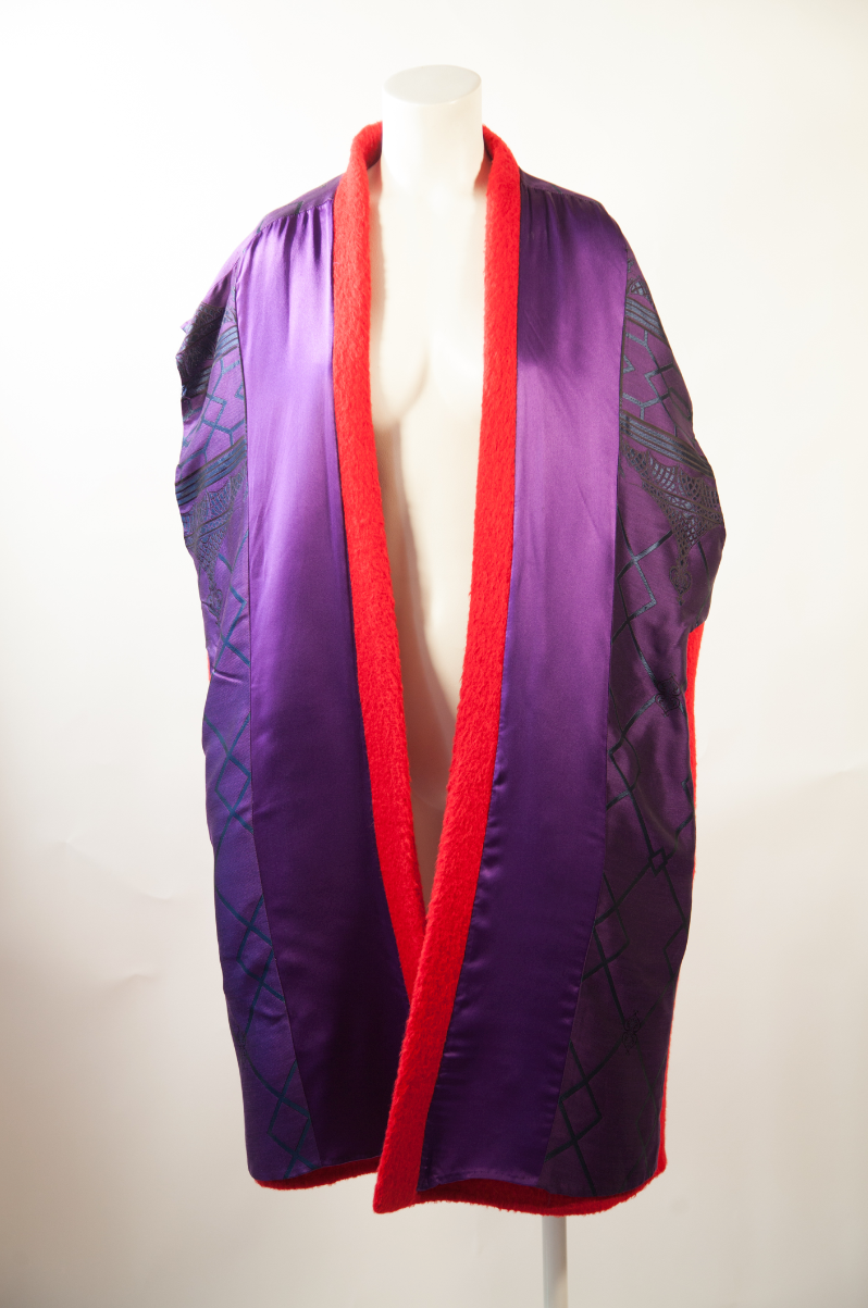 GIANFRANCO FERRE, Crimson Wool and Alpaca, Oversized Cocoon Coat with Purple Silk Lining, c. 1978