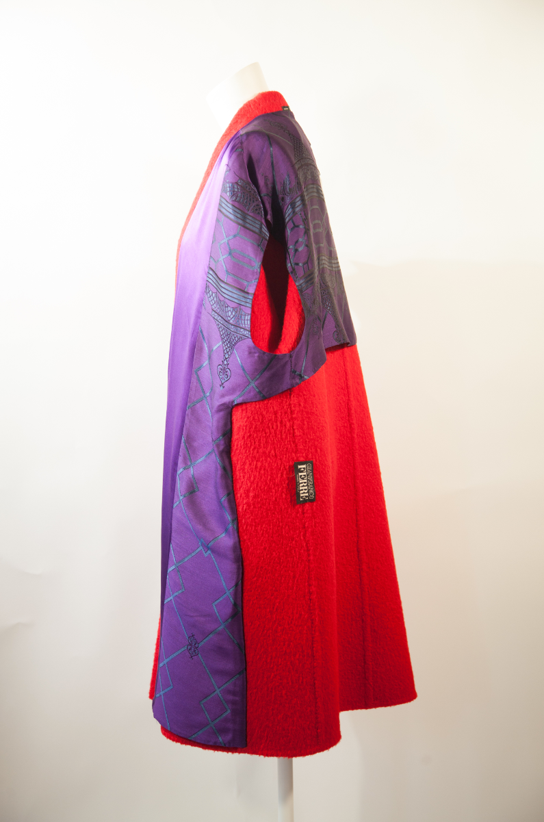 GIANFRANCO FERRE, Crimson Wool and Alpaca, Oversized Cocoon Coat with Purple Silk Lining, c. 1978