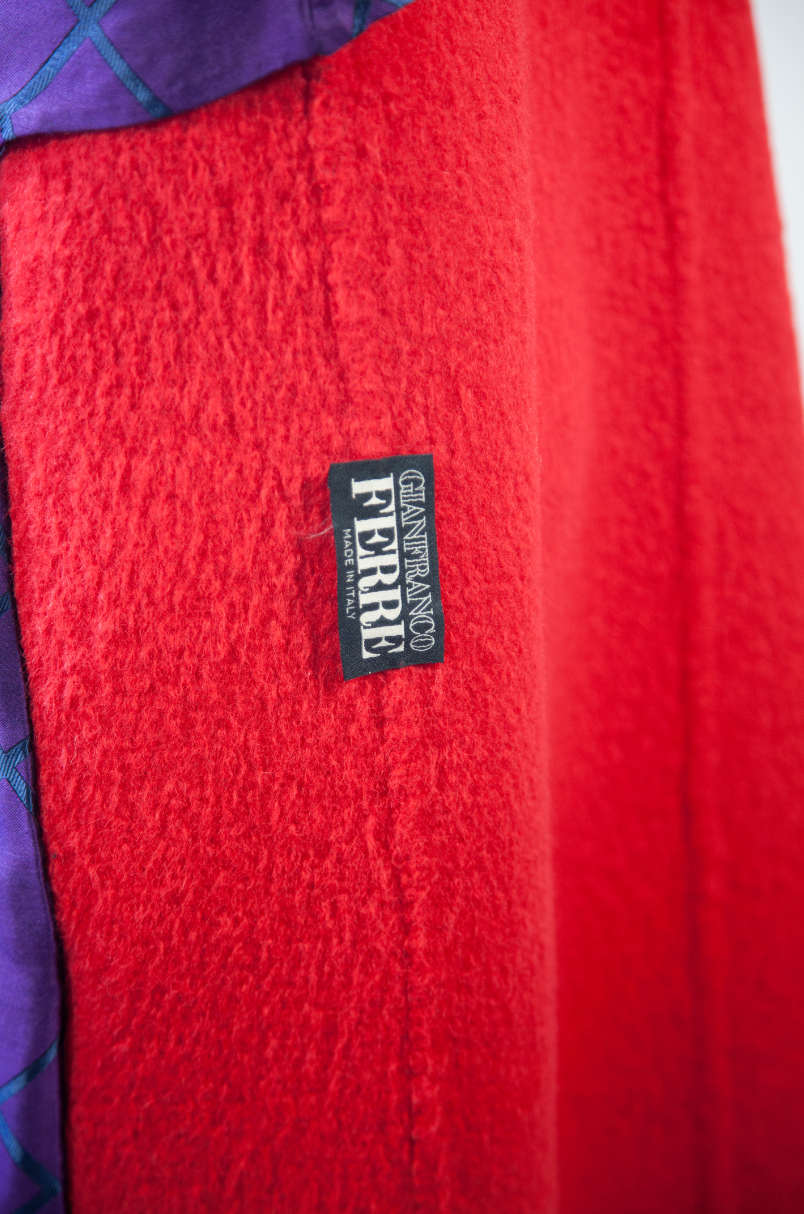 GIANFRANCO FERRE, Crimson Wool and Alpaca, Oversized Cocoon Coat with Purple Silk Lining, c. 1978