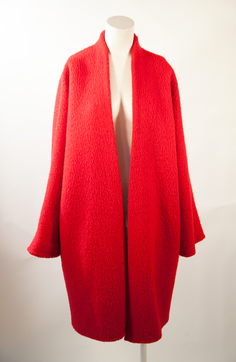 GIANFRANCO FERRE, Crimson Wool and Alpaca, Oversized Cocoon Coat with Purple Silk Lining, c. 1978