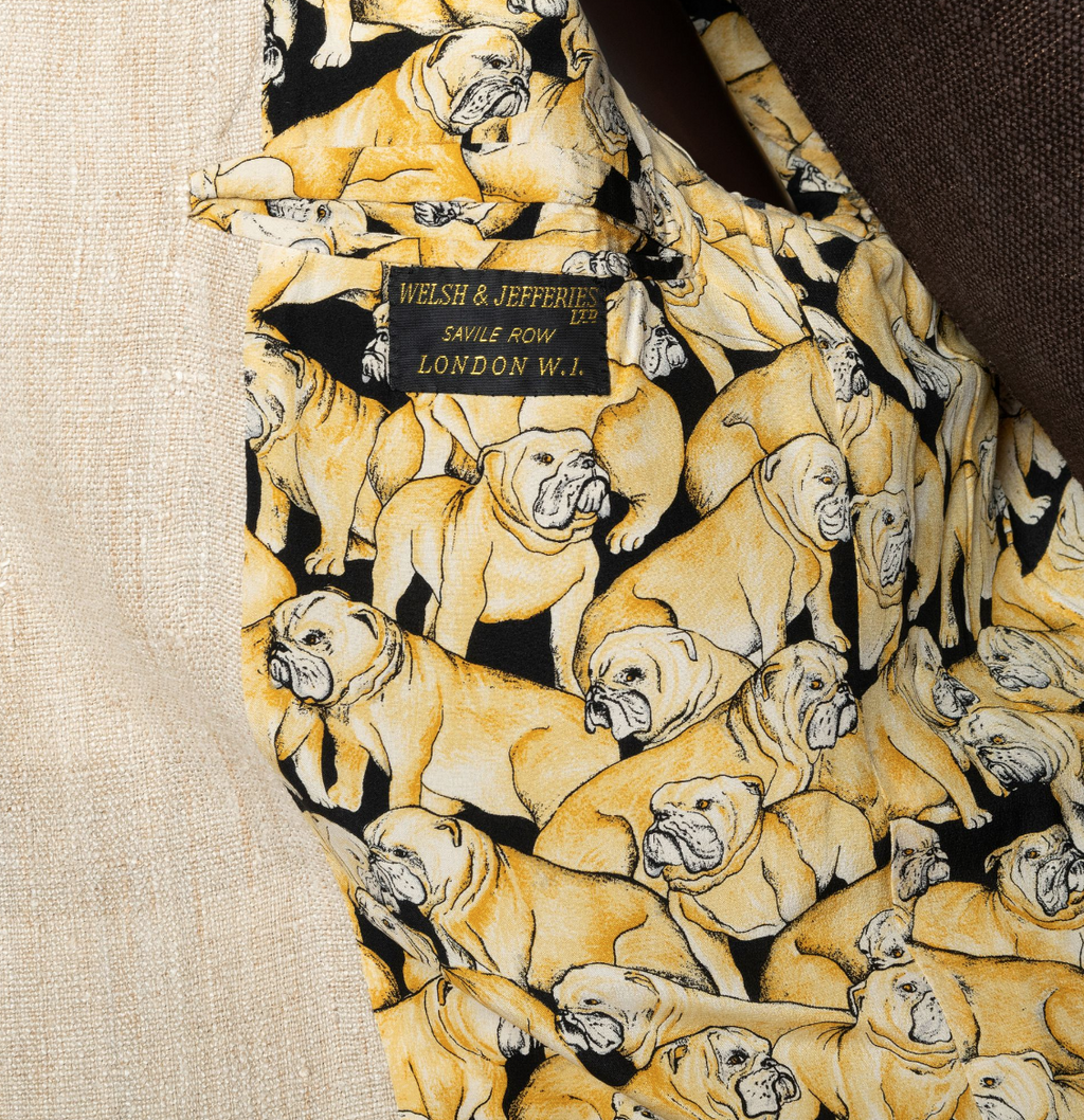 Welsh & Jefferies, custom tailored linen and silk, bulldog print, lined blazer, Estate of André Leon Talley