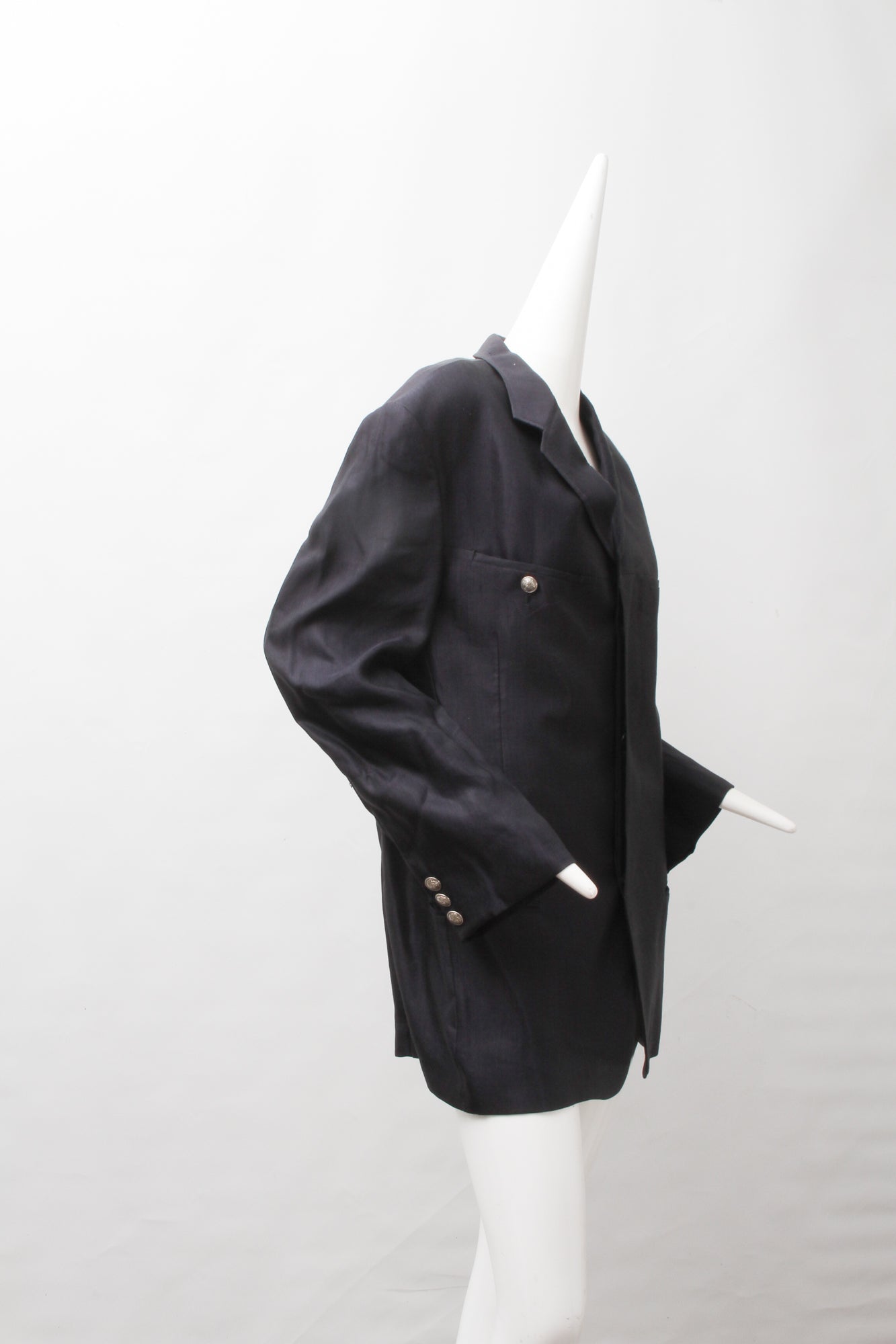 VERSACE, Jeans Couture, Black Linen Blend, Silver Tone Metal Medusa Buttons