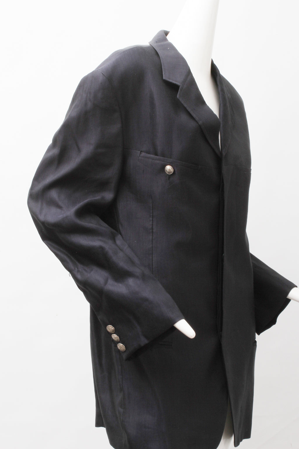 VERSACE, Jeans Couture, Black Linen Blend, Silver Tone Metal Medusa Buttons