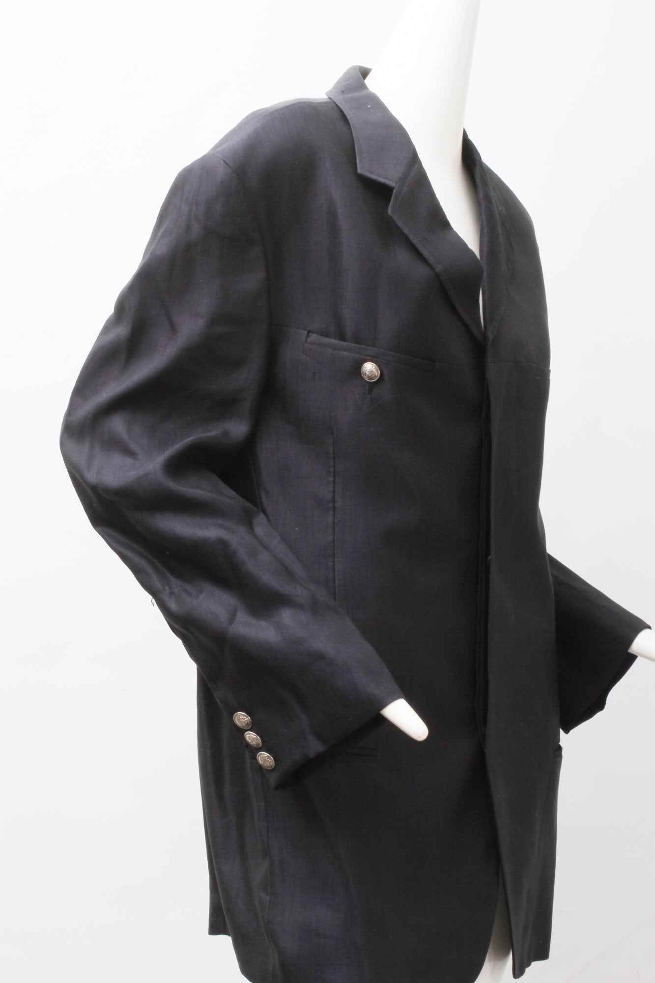 VERSACE, Jeans Couture, Black Linen Blend, Silver Tone Metal Medusa Buttons