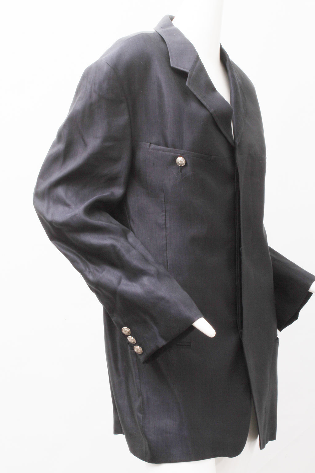 VERSACE, Jeans Couture, Black Linen Blend, Silver Tone Metal Medusa Buttons