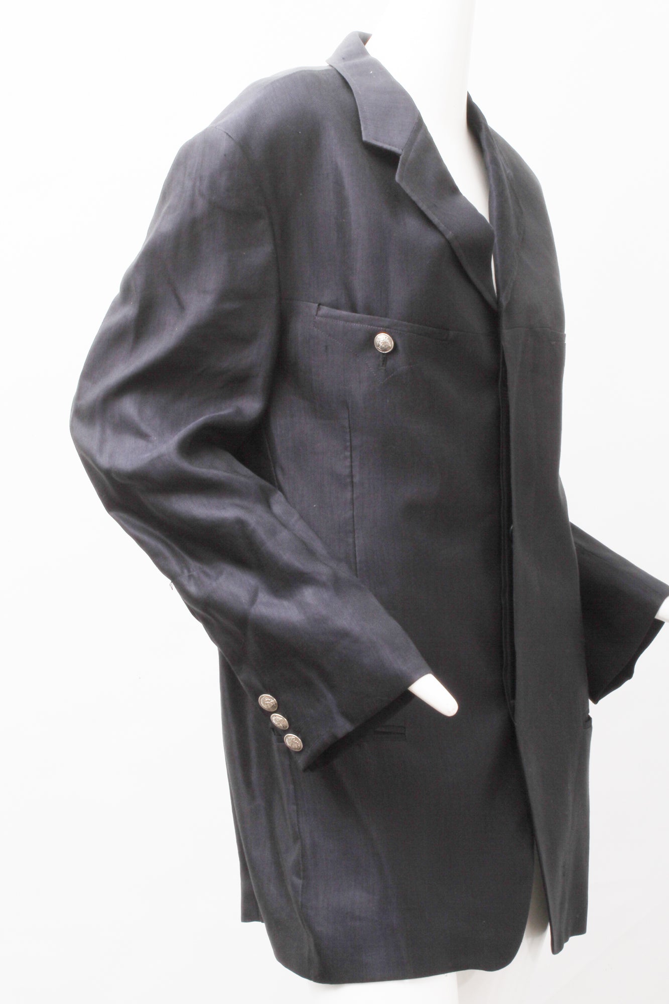 VERSACE, Jeans Couture, Black Linen Blend, Silver Tone Metal Medusa Buttons