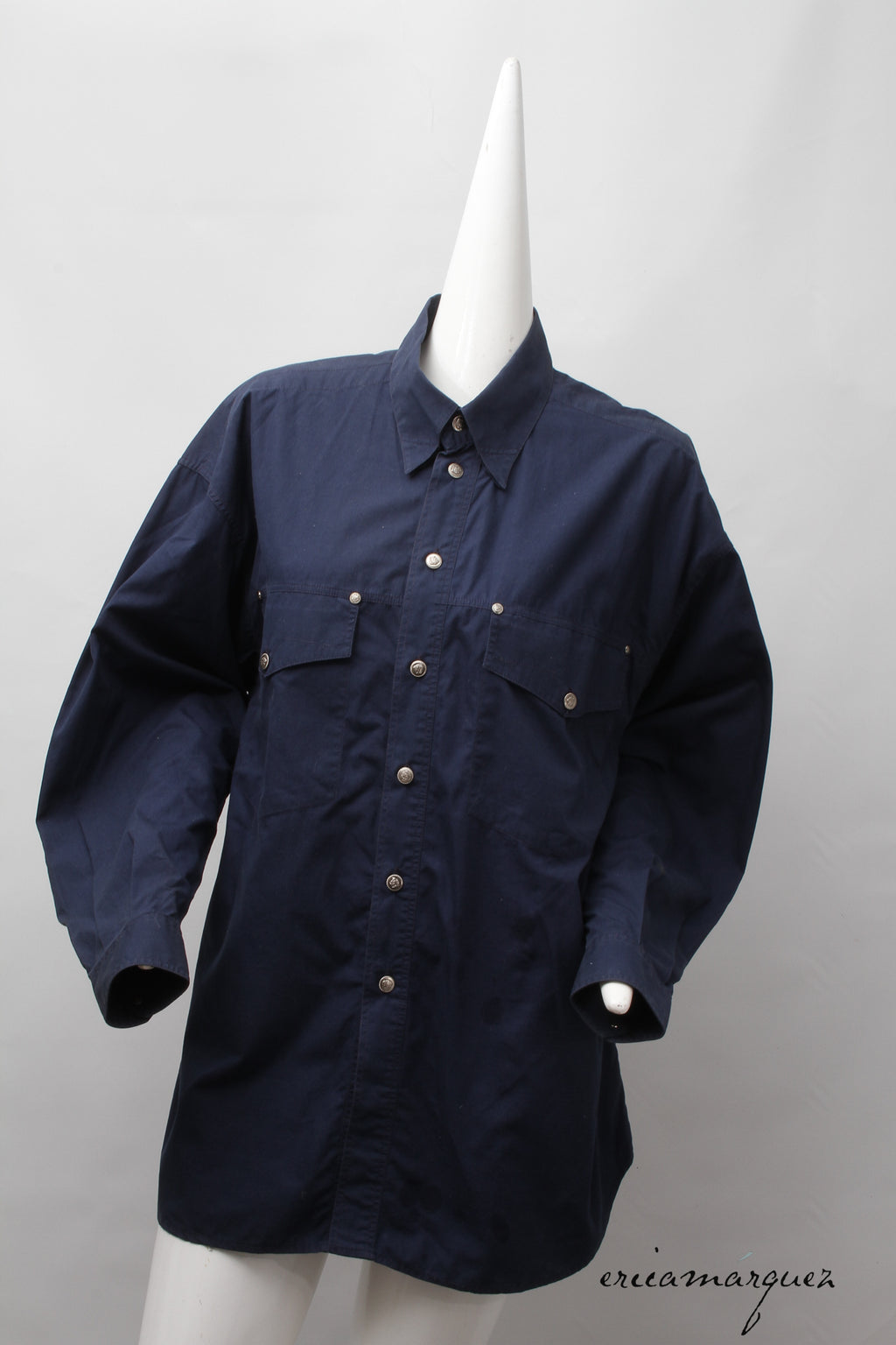 VERSACE Jeans Couture, Midnight Blue, Cotton, Long Sleeve, Button Up Shirt with Silver Medusa Buttons