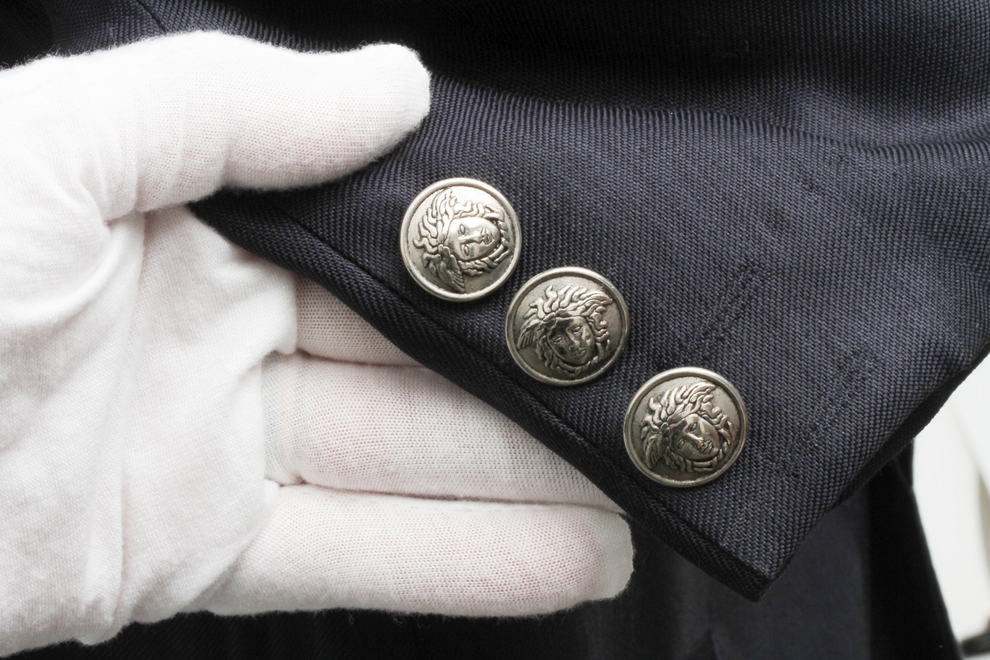 VERSACE, Jeans Couture, Black Linen Blend, Silver Tone Metal Medusa Buttons