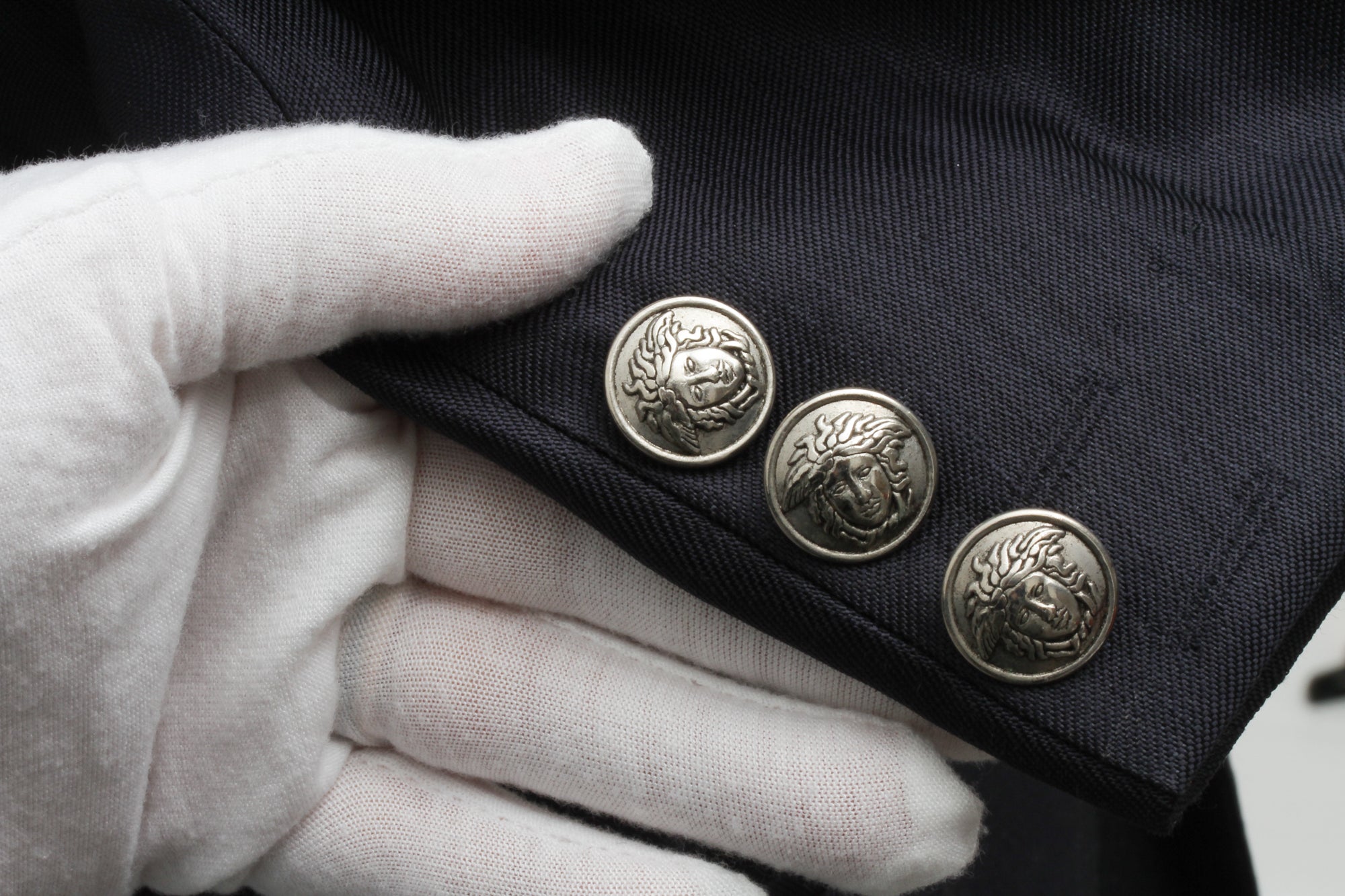 VERSACE, Jeans Couture, Black Linen Blend, Silver Tone Metal Medusa Buttons