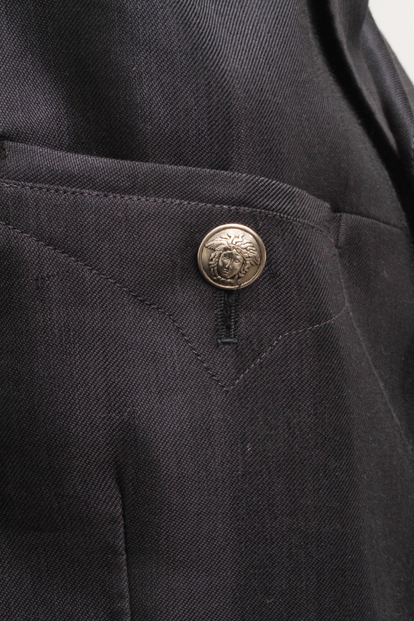 VERSACE, Jeans Couture, Black Linen Blend, Silver Tone Metal Medusa Buttons
