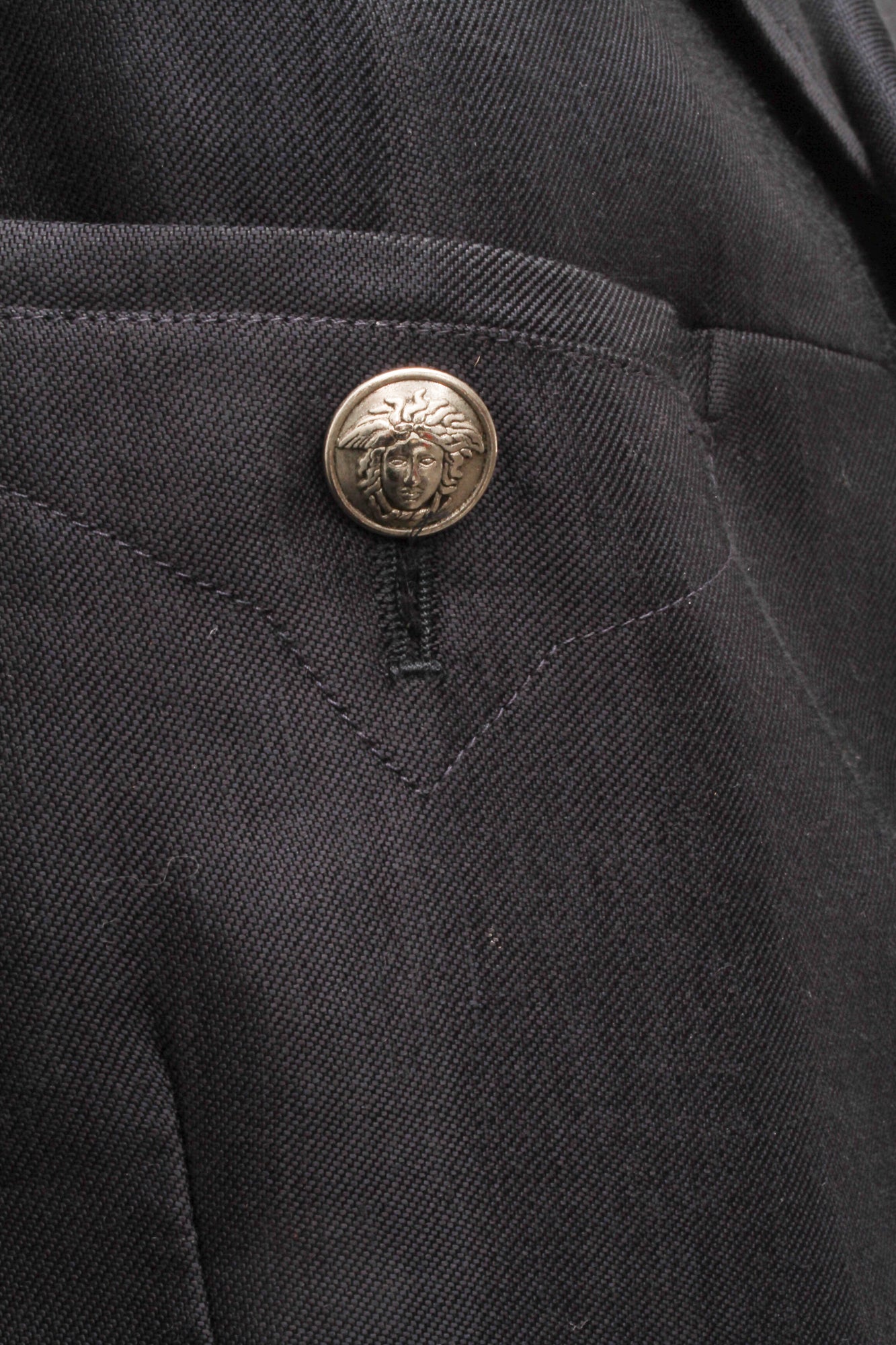VERSACE, Jeans Couture, Black Linen Blend, Silver Tone Metal Medusa Buttons