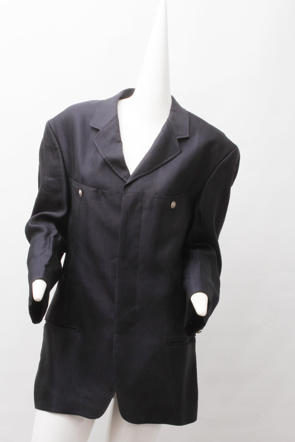 VERSACE, Jeans Couture, Black Linen Blend, Silver Tone Metal Medusa Buttons