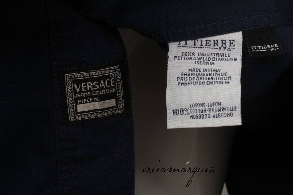 VERSACE Jeans Couture, Midnight Blue, Cotton, Long Sleeve, Button Up Shirt with Silver Medusa Buttons