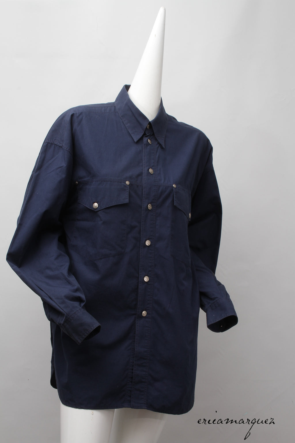 VERSACE Jeans Couture, Midnight Blue, Cotton, Long Sleeve, Button Up Shirt with Silver Medusa Buttons