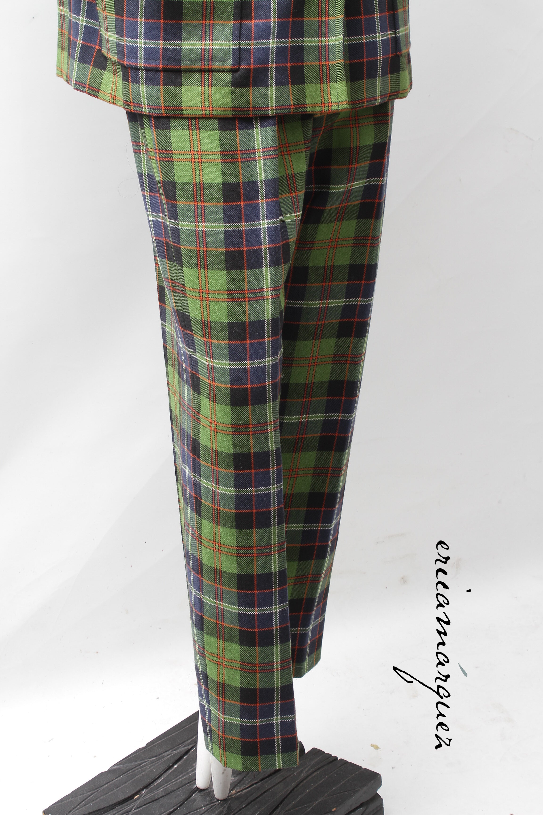 Yves Saint Laurent Green Navy Plaid Ensemble with Fringe Pockets