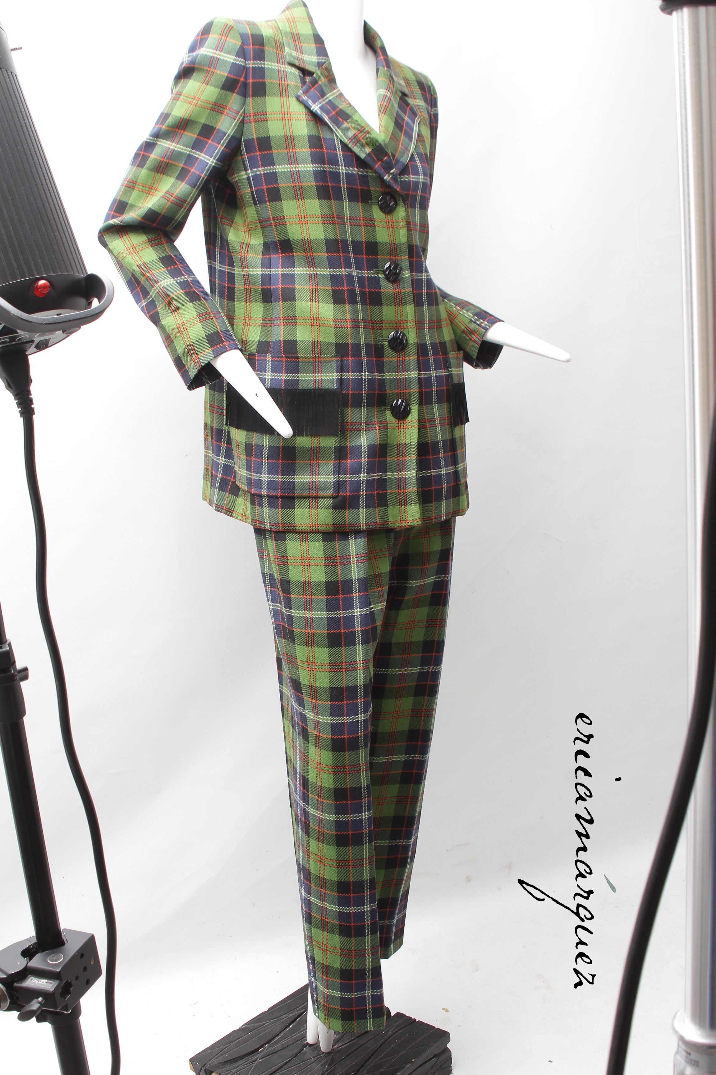 Yves Saint Laurent Green Navy Plaid Ensemble with Fringe Pockets