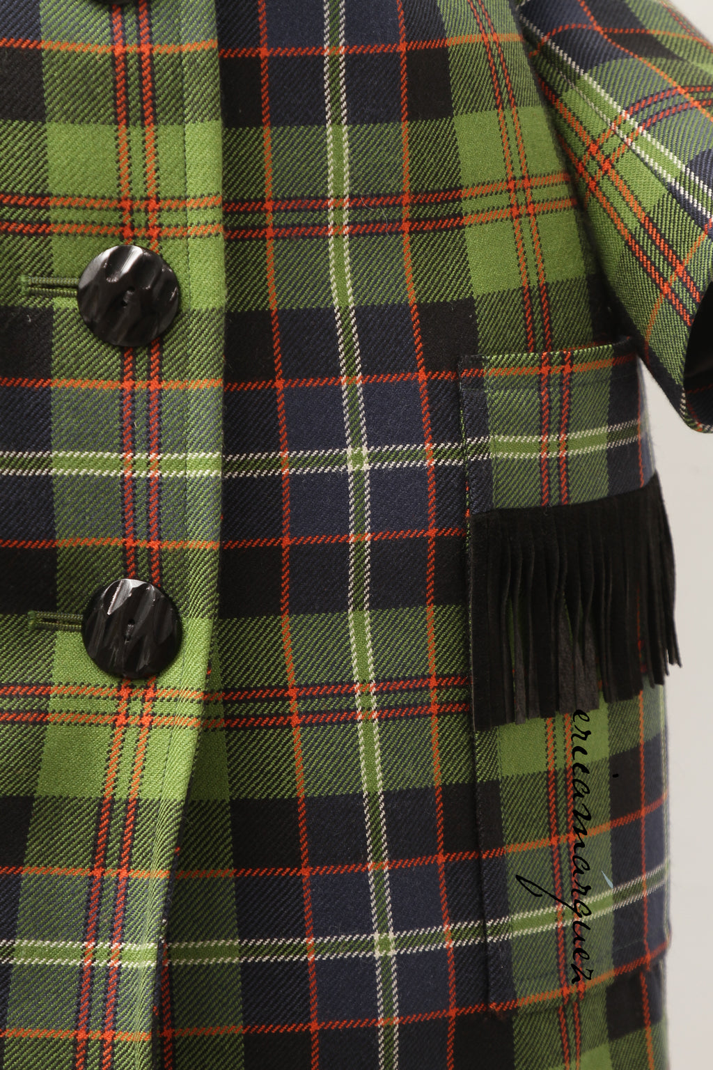 Yves Saint Laurent Green Navy Plaid Ensemble with Fringe Pockets