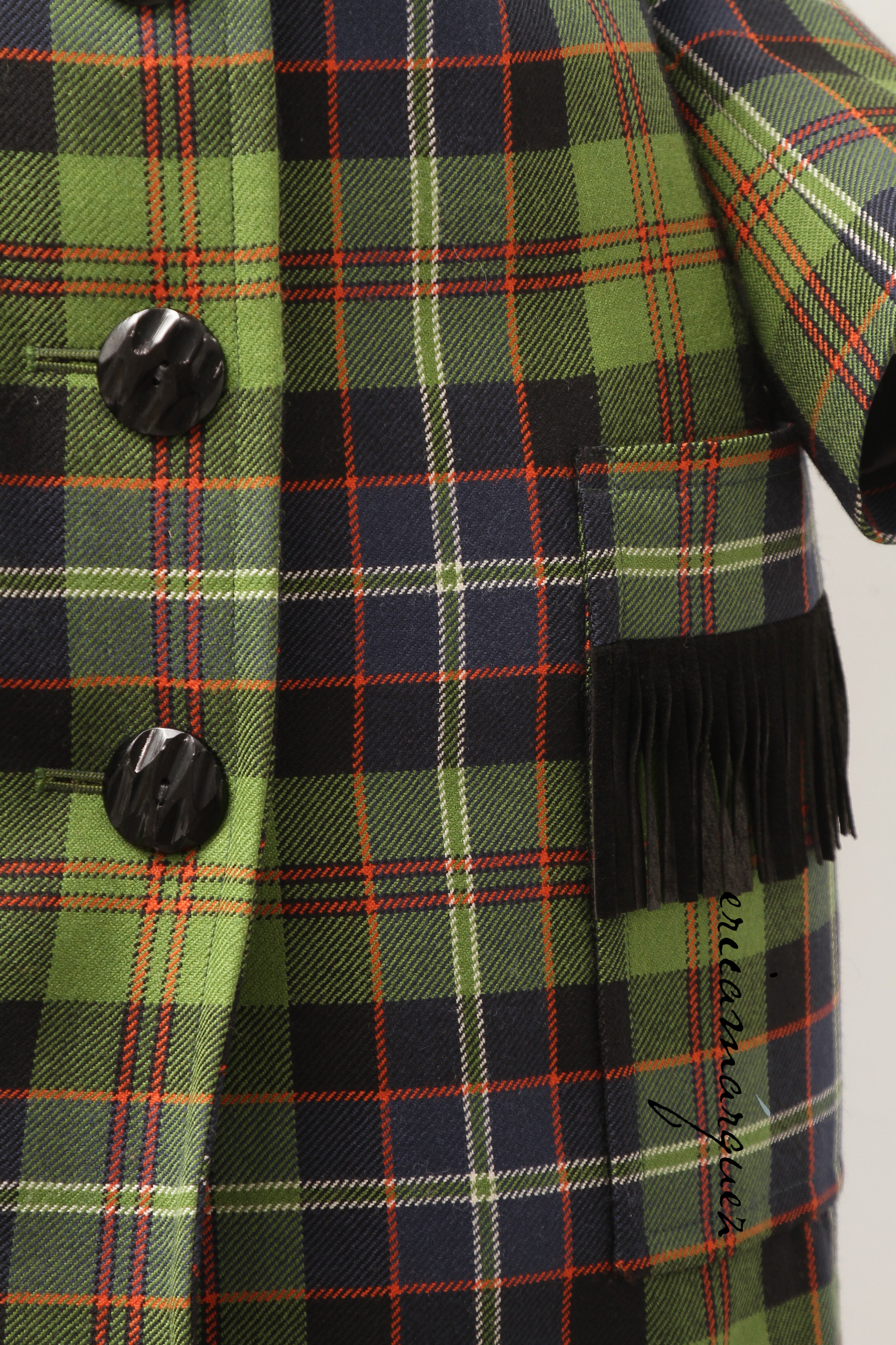 Yves Saint Laurent Green Navy Plaid Ensemble with Fringe Pockets